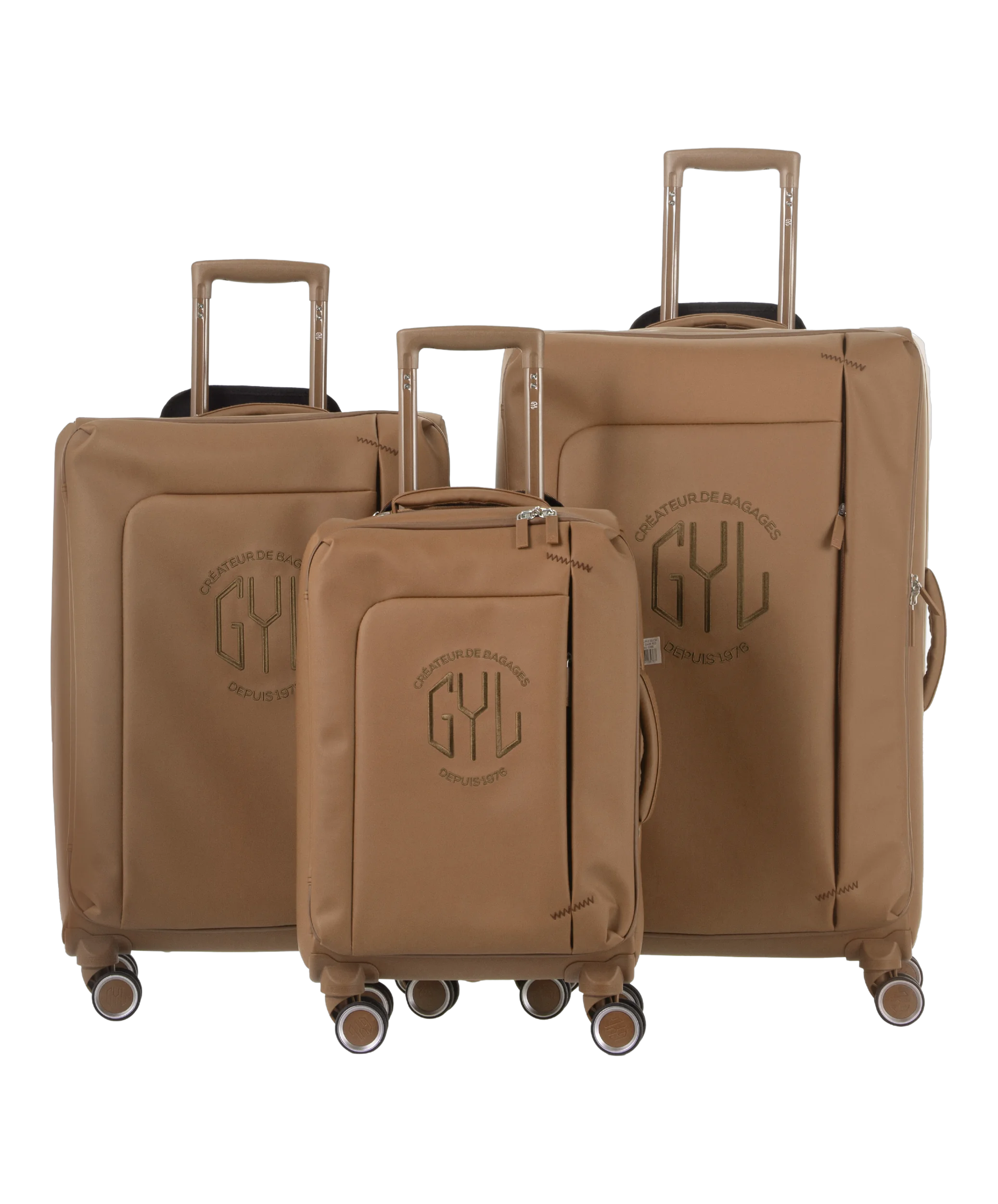 Valise Evasion GYL souple set de 3 valises cabine semaine et soute coloris moca vue de face du set complet