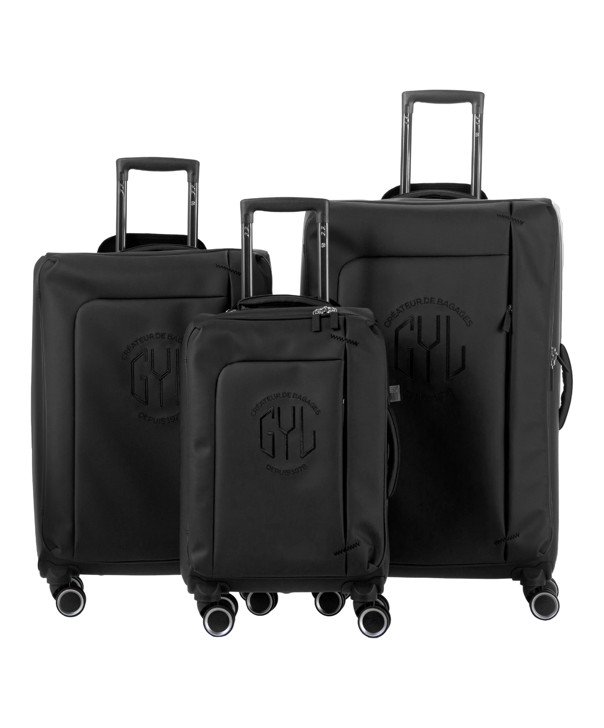 Valise Evasion GYL souple set de 3 valises cabine semaine et soute coloris noir vue de face du set complet