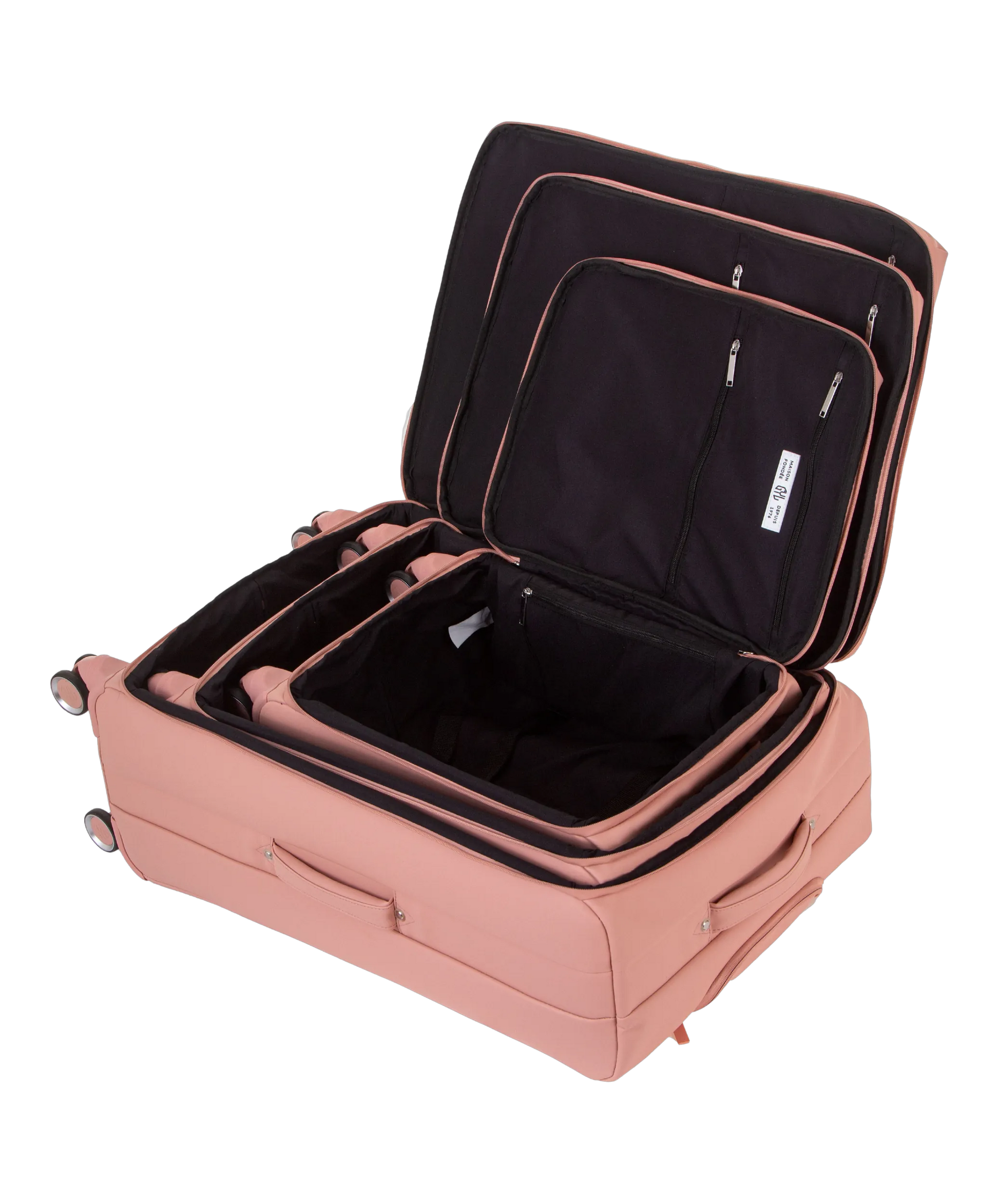 Valise Evasion GYL souple set de 3 valises cabine semaine et soute coloris rose-gold interieur ouvert valises emboitees
