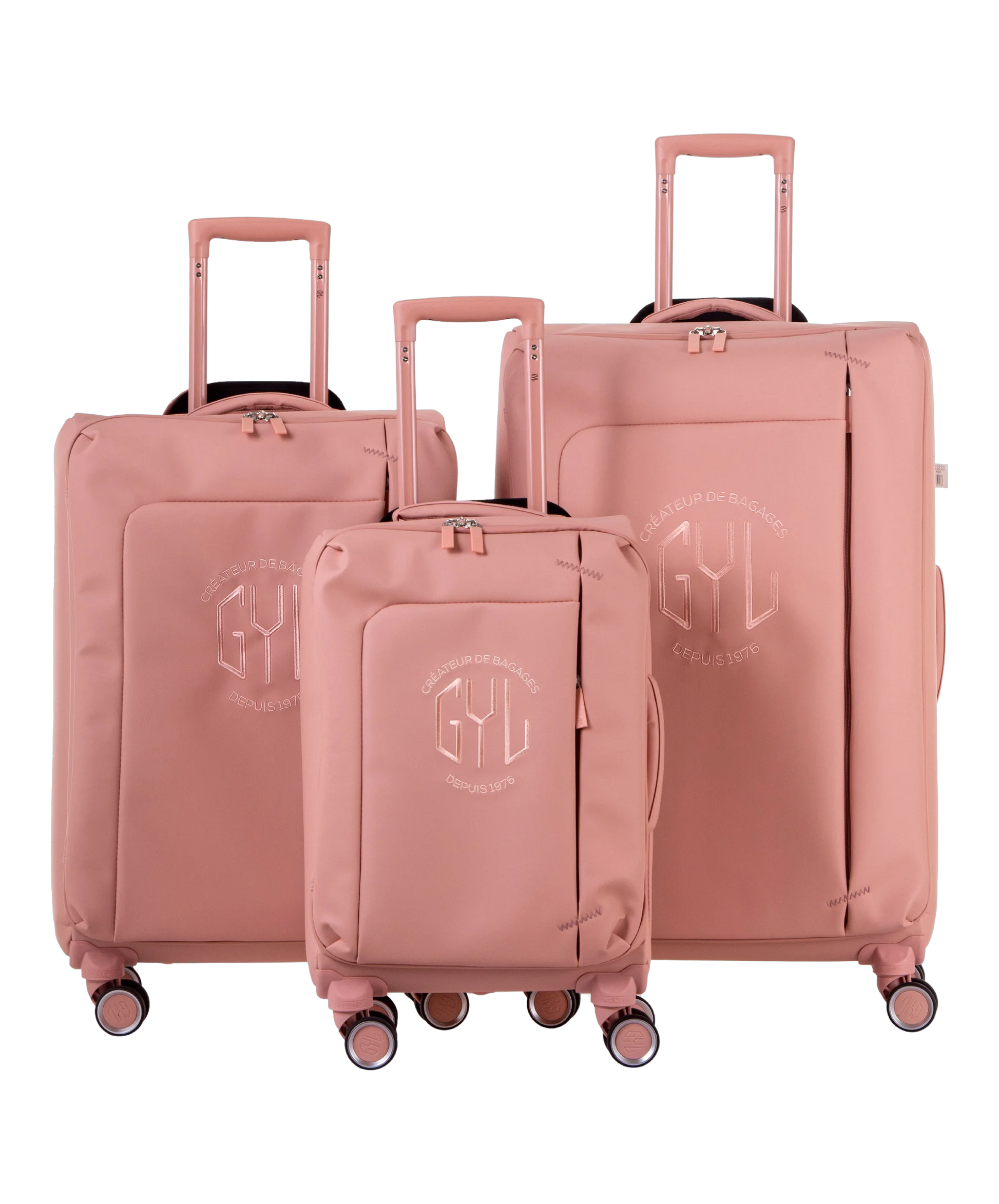 Valise Evasion GYL souple set de 3 valises cabine semaine et soute coloris rose-gold vue de face du set complet