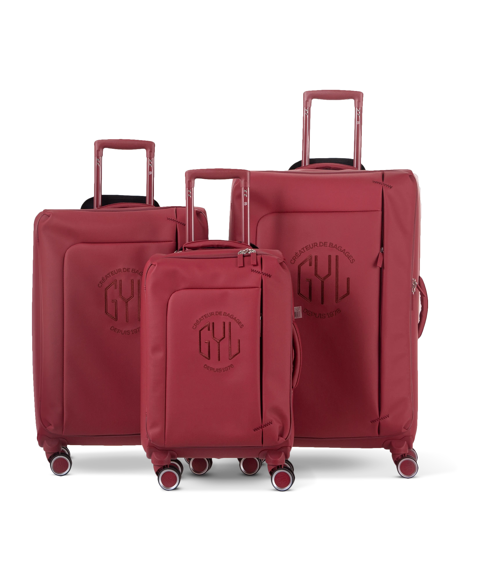 Set de 3 valises souples Évasion en polyuréthane imperméable coloris rouge foncé tailles cabine 55, semaine 65 et soute 75 cm vue de face avec logo GYL