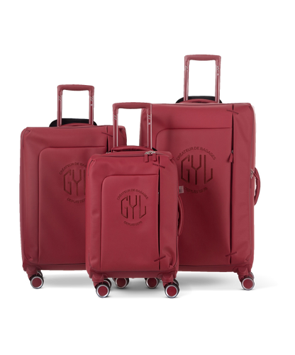 Set de 3 valises souples Évasion en polyuréthane imperméable coloris rouge foncé tailles cabine 55, semaine 65 et soute 75 cm vue de face avec logo GYL