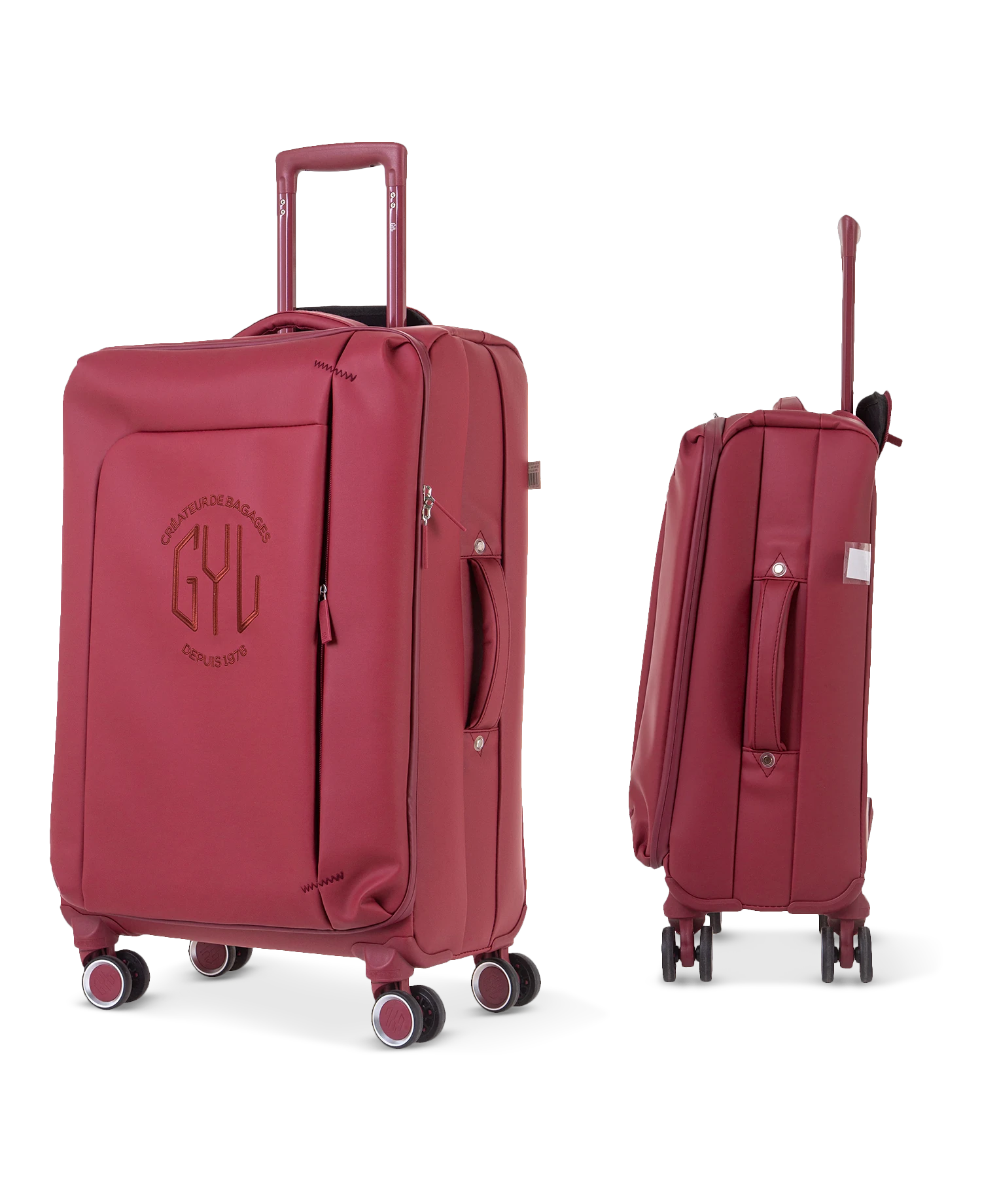 Set de 3 valises souples Évasion en polyuréthane imperméable coloris rouge foncé tailles cabine 55, semaine 65 et soute 75 cm vue trois quarts avant