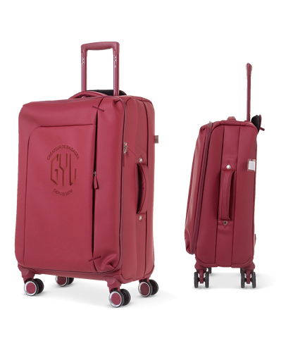 Set de 3 valises souples Évasion en polyuréthane imperméable coloris rouge foncé tailles cabine 55, semaine 65 et soute 75 cm vue trois quarts avant