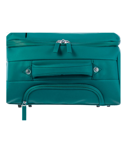 Valise Evasion GYL souple set de 3 valises cabine semaine et soute coloris sapin detail vue du dessus avec poches et fermetures