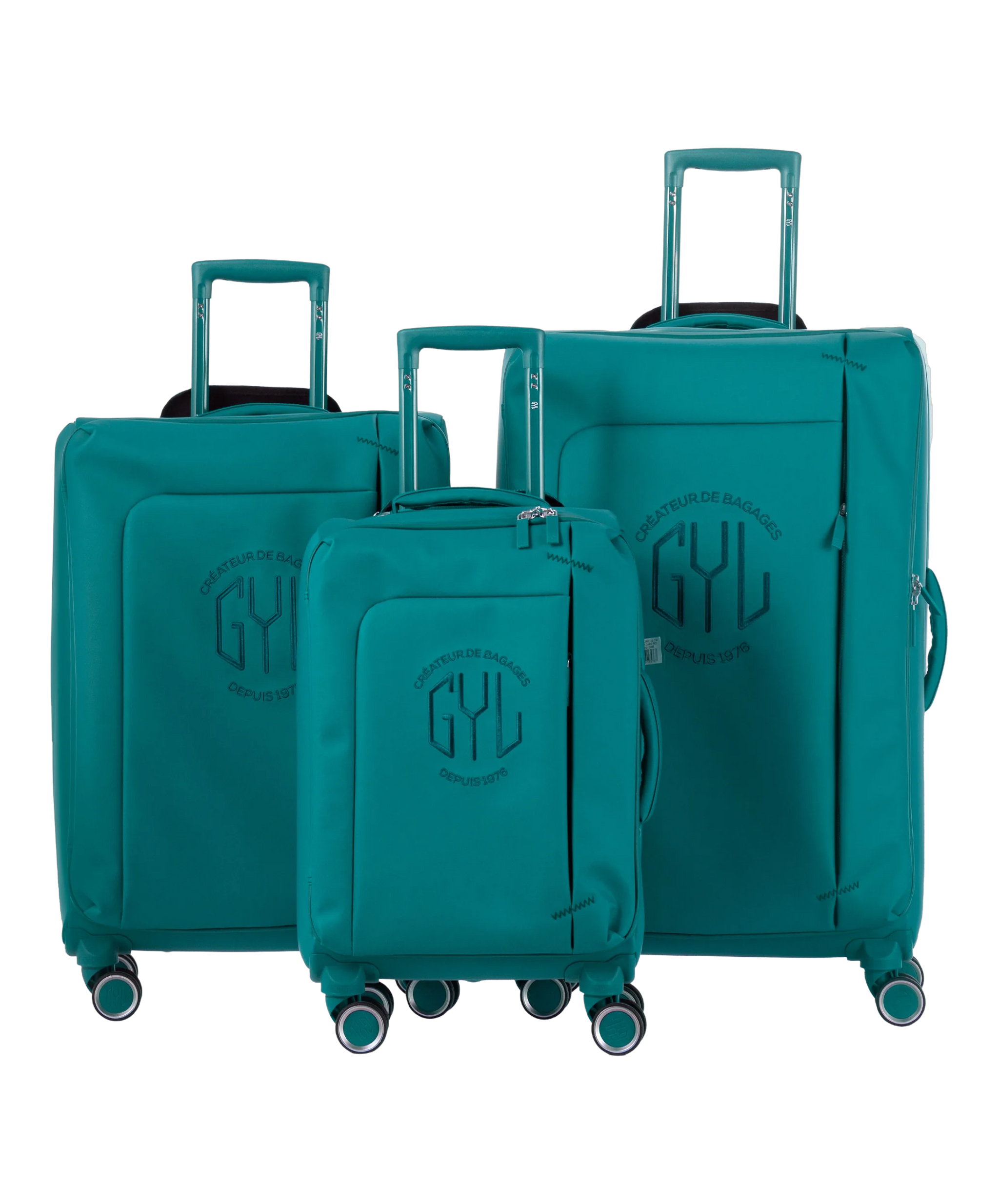 Valise Evasion GYL souple set de 3 valises cabine semaine et soute coloris sapin vue de face du set complet