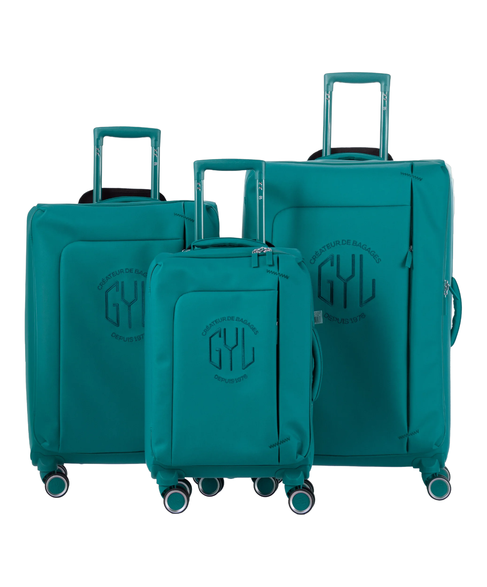 Valise Evasion GYL souple set de 3 valises cabine semaine et soute coloris sapin vue de face du set complet