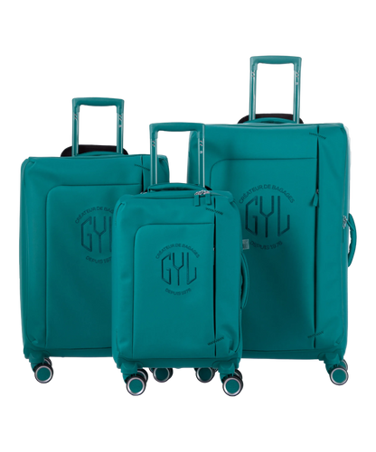 Valise Evasion GYL souple set de 3 valises cabine semaine et soute coloris sapin vue de face du set complet
