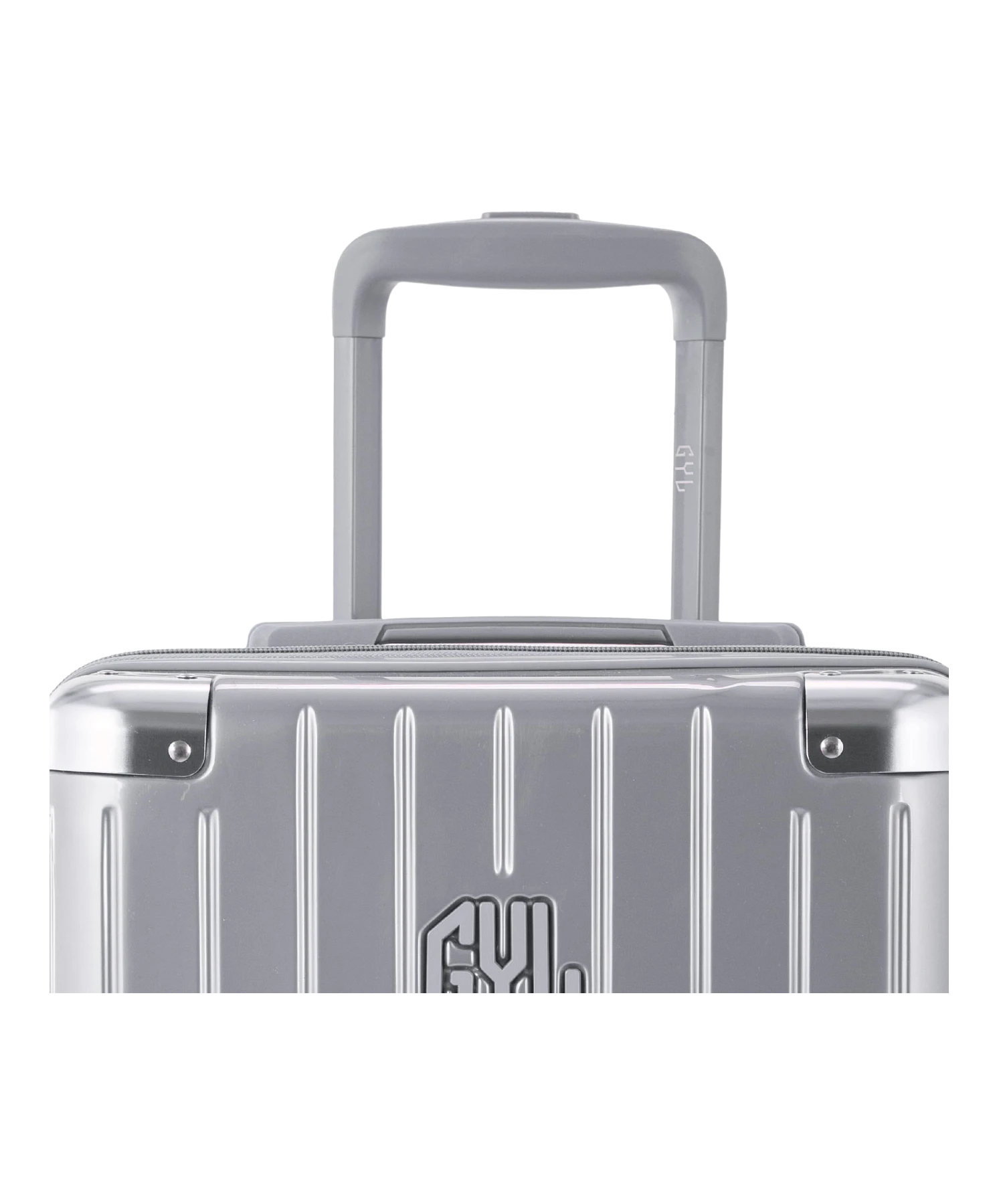 Valise Intemporelle en polycarbonate set de 3 valises cabine semaine et soute coloris argent detail poignee telescopique et logo GYL