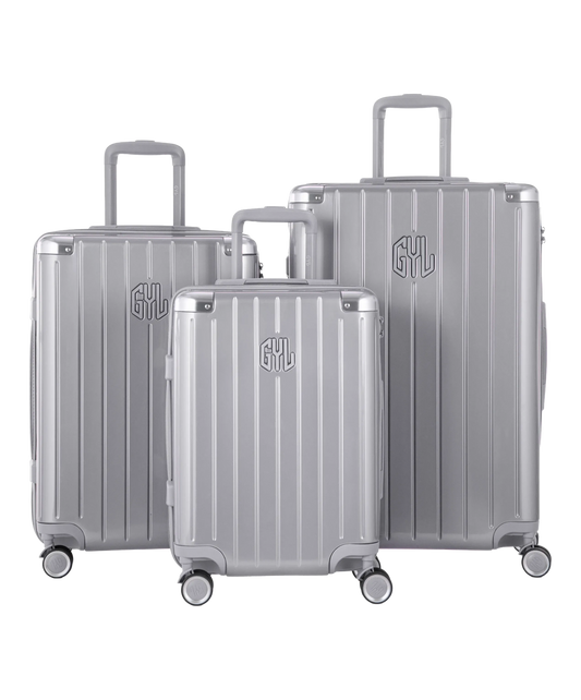 Valise Intemporelle en polycarbonate set de 3 valises cabine semaine et soute coloris argent vue de face du set complet