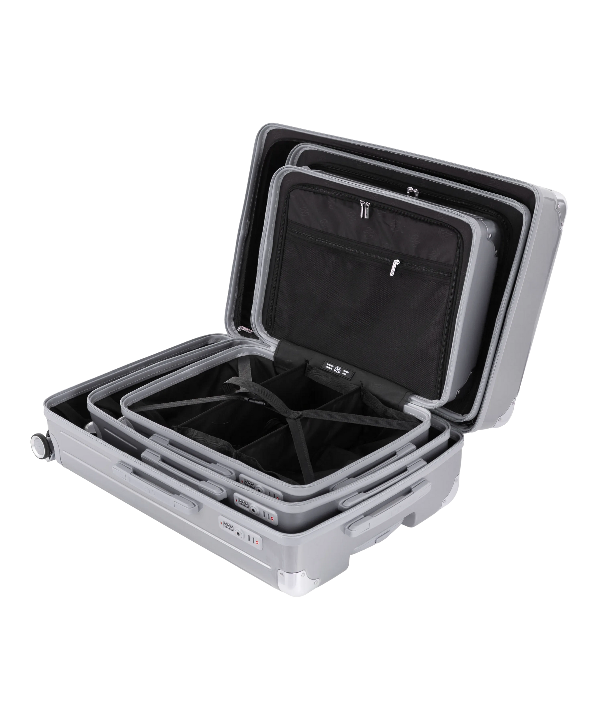 Valise Intemporelle en polycarbonate set de 3 valises cabine semaine et soute coloris argent vue de profil du set complet