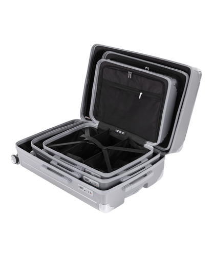 Valise Intemporelle en polycarbonate set de 3 valises cabine semaine et soute coloris argent vue de profil du set complet