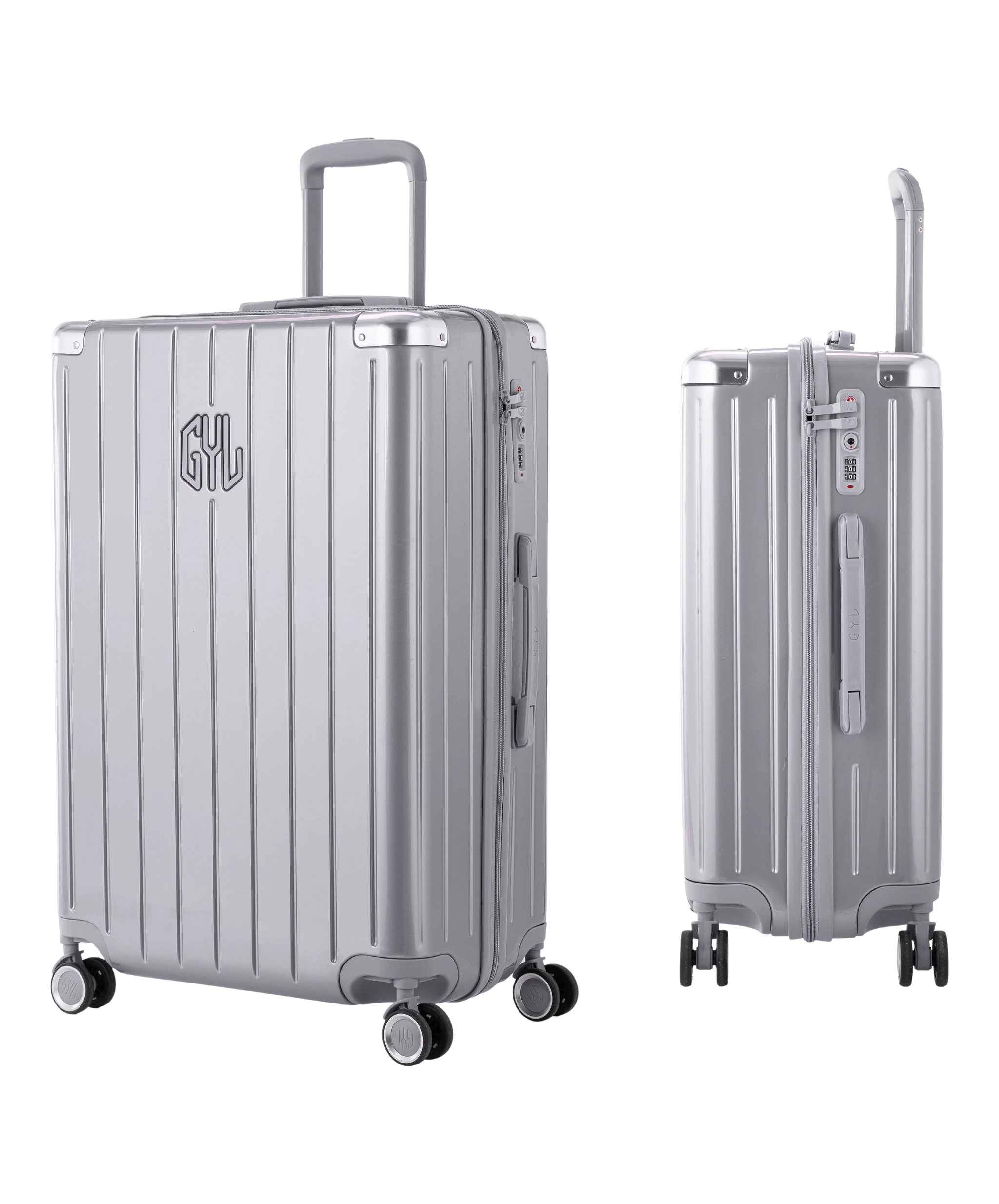 Valise Intemporelle en polycarbonate set de 3 valises cabine semaine et soute coloris argent vue trois quarts du set complet