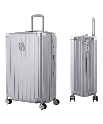 Valise Intemporelle en polycarbonate set de 3 valises cabine semaine et soute coloris argent vue trois quarts du set complet