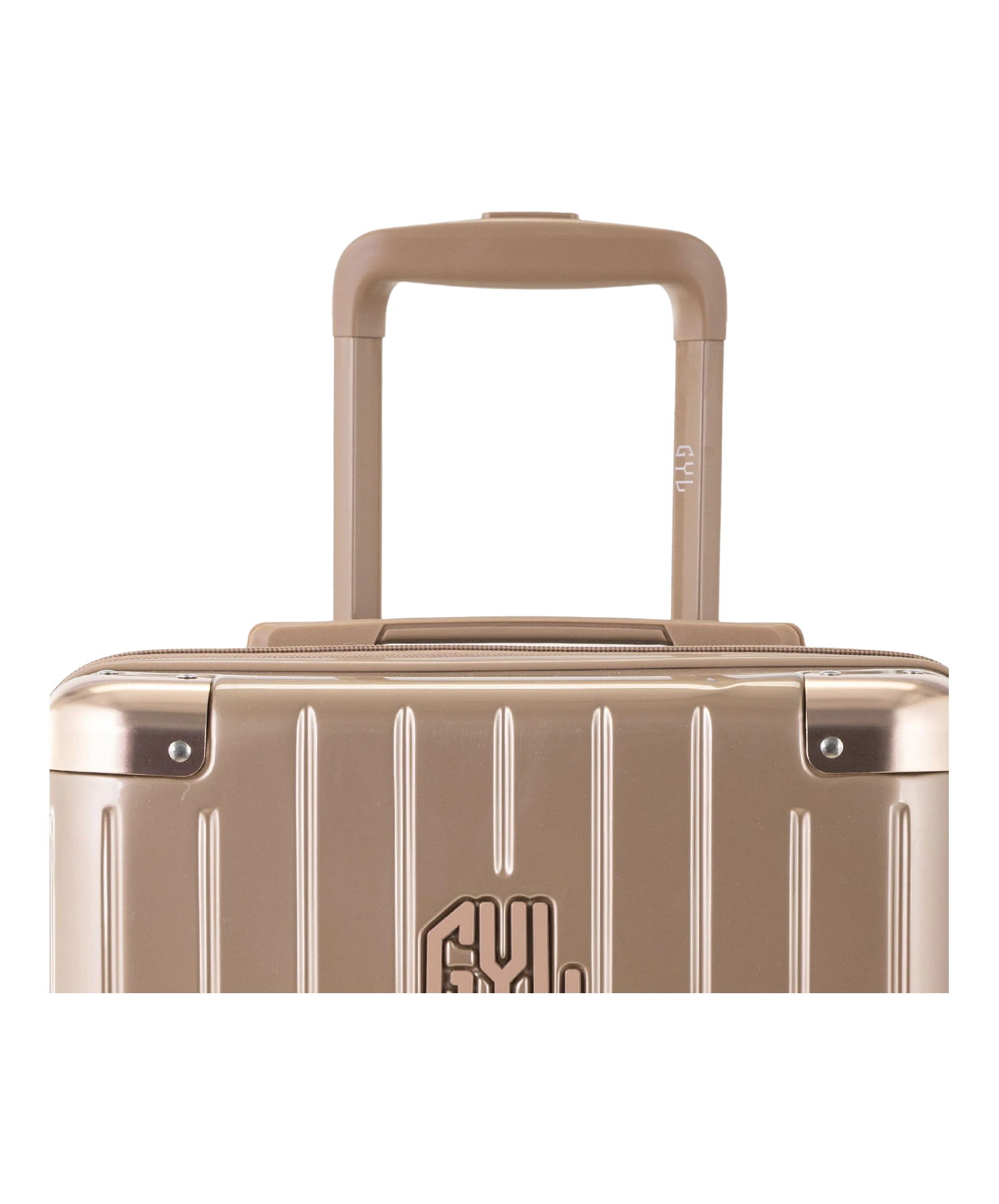 Valise Intemporelle en polycarbonate set de 3 valises cabine semaine et soute coloris champagne detail poignee telescopique et logo GYL