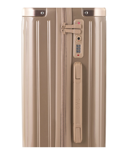 Valise Intemporelle en polycarbonate set de 3 valises cabine semaine et soute coloris champagne gros plan serrure TSA a code integree