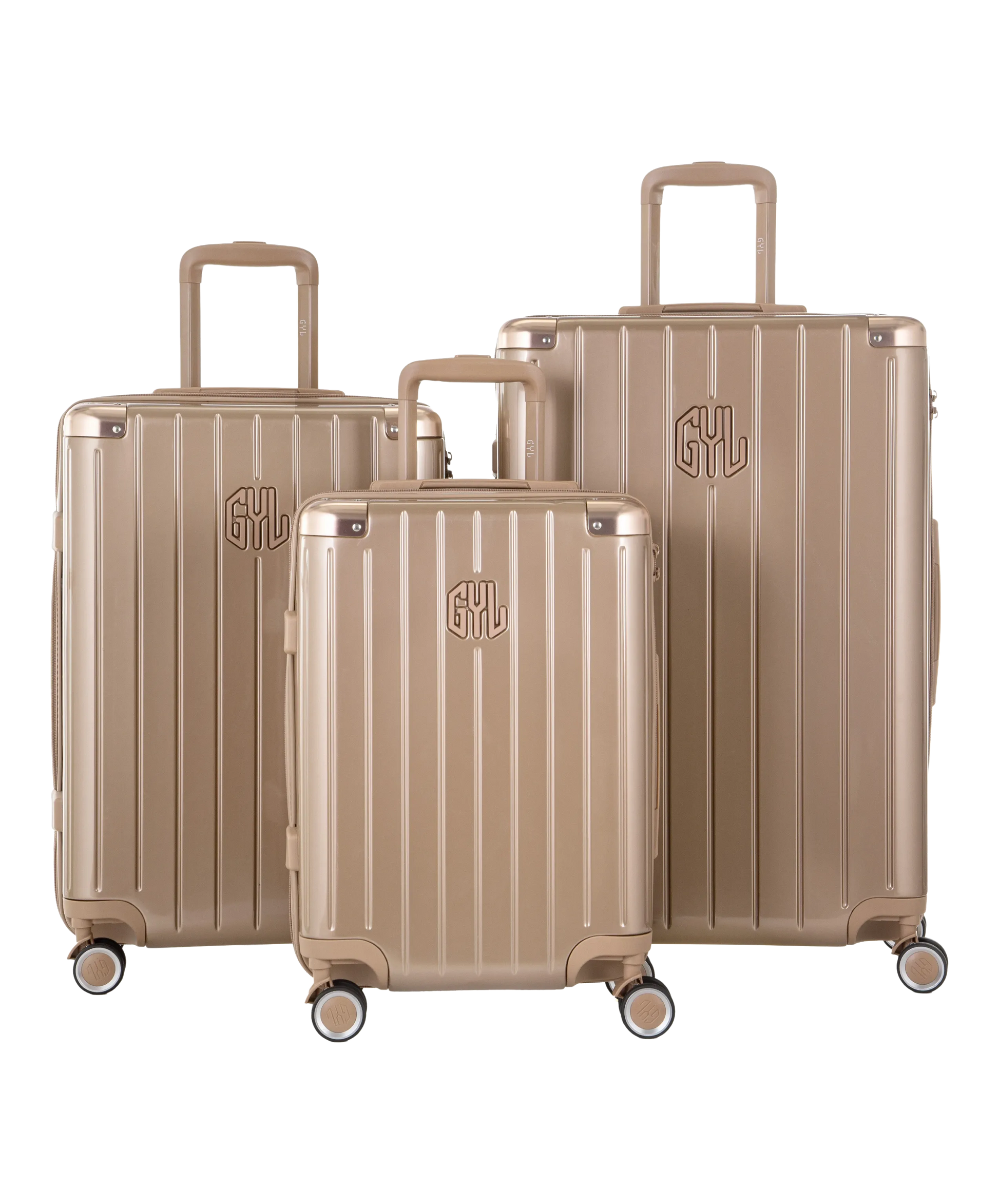 Valise Intemporelle en polycarbonate set de 3 valises cabine semaine et soute coloris champagne vue de face du set complet