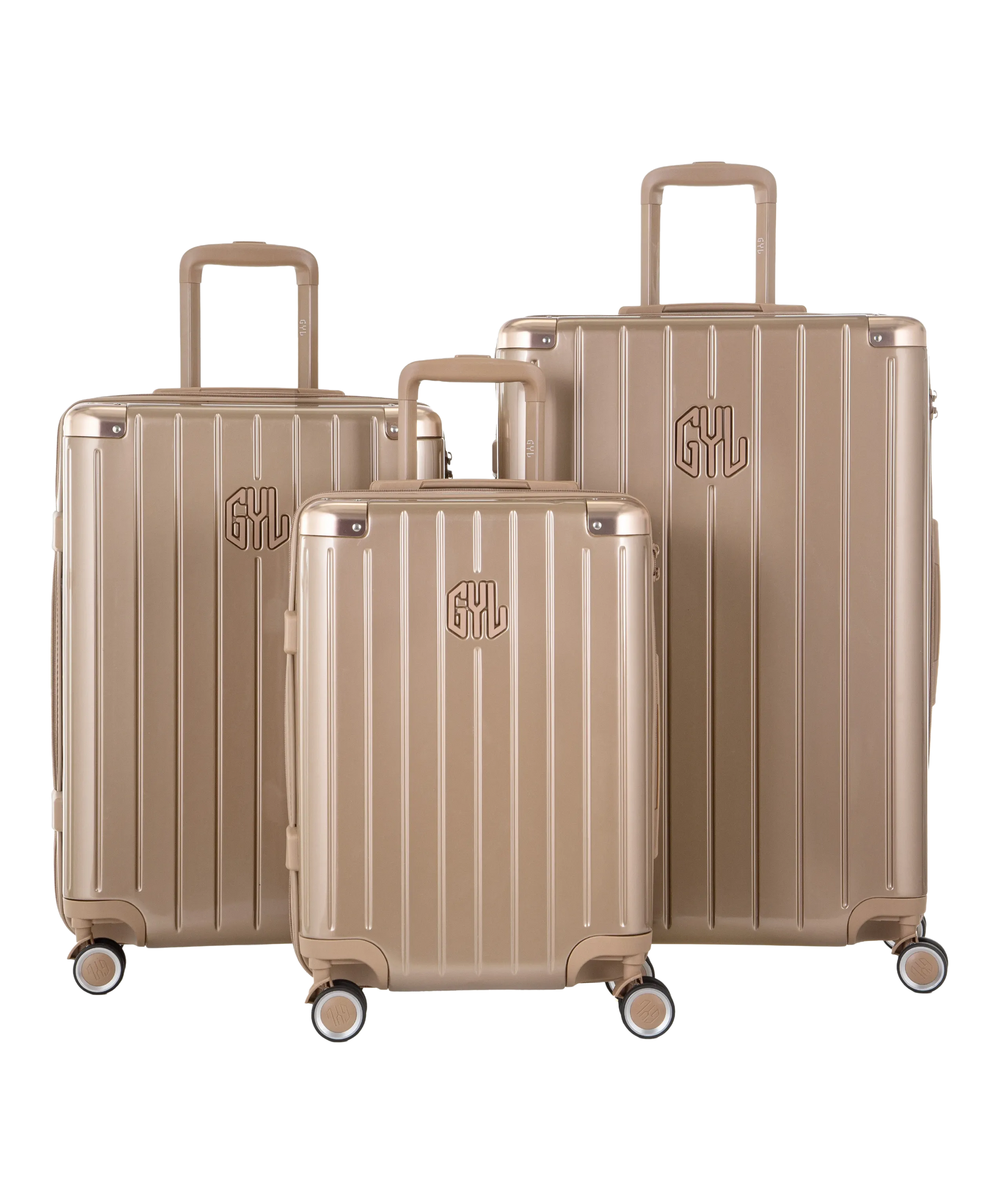 Valise Intemporelle en polycarbonate set de 3 valises cabine semaine et soute coloris champagne vue de face du set complet