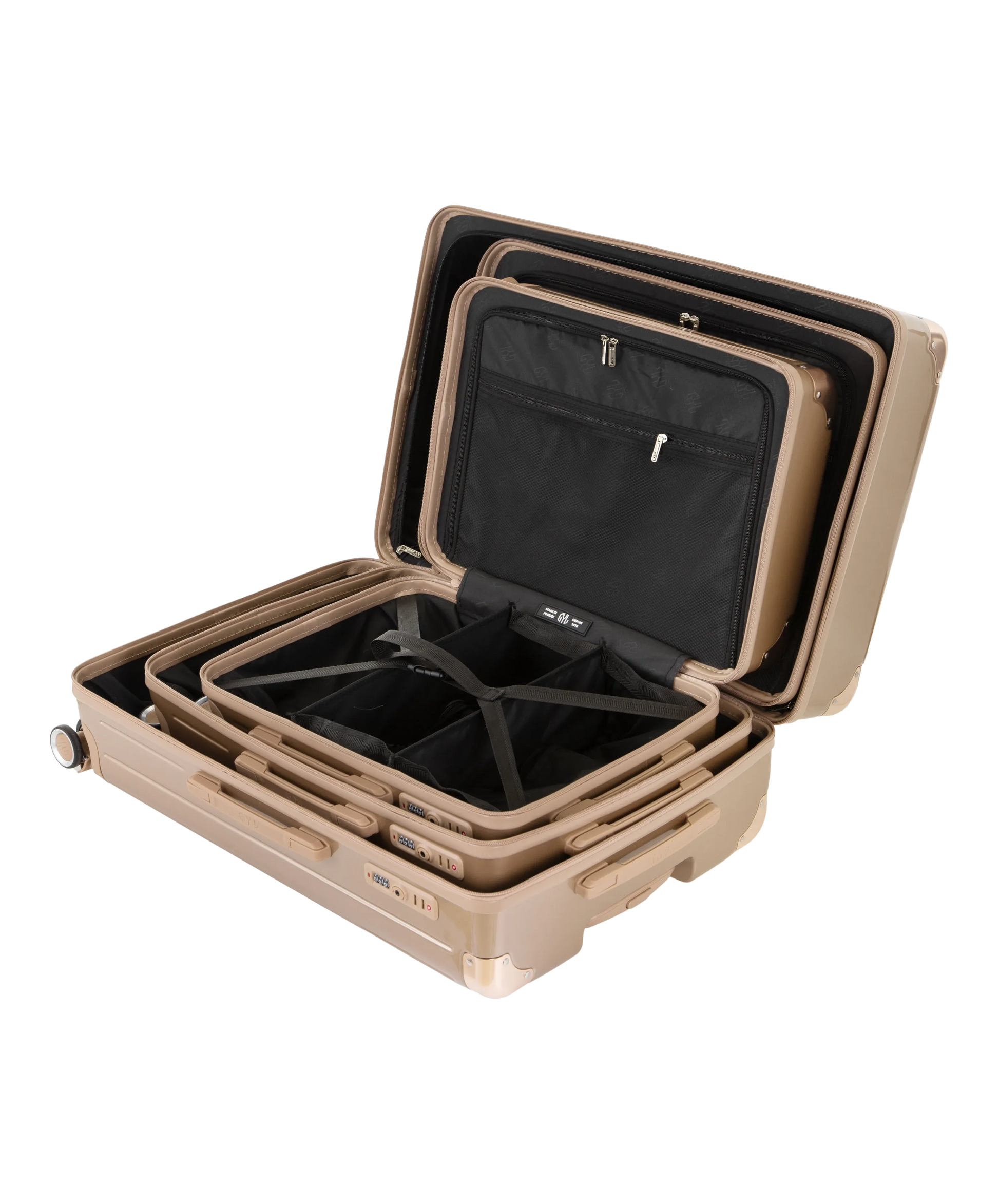 Valise Intemporelle en polycarbonate set de 3 valises cabine semaine et soute coloris champagne vue de profil du set complet