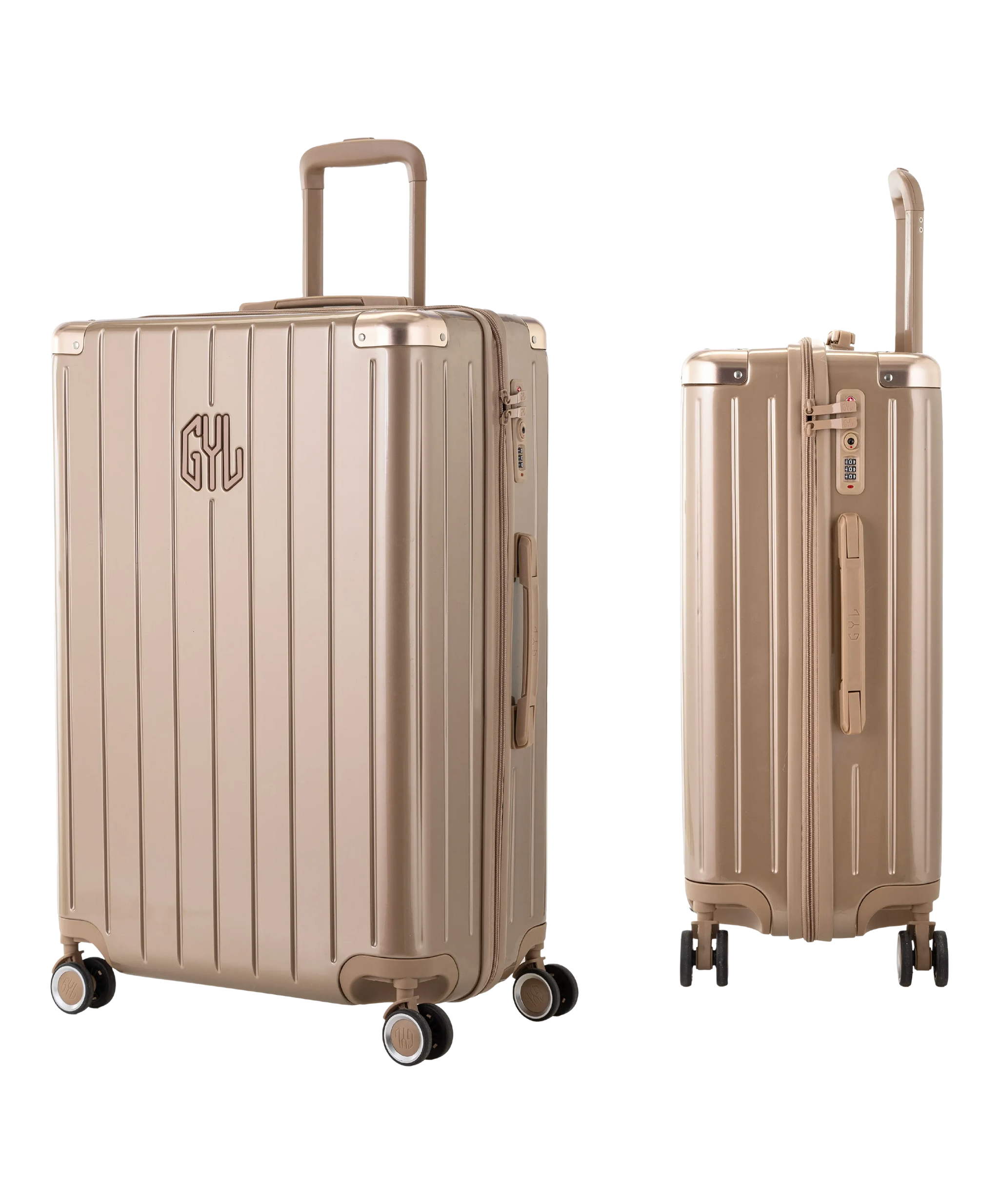 Valise Intemporelle en polycarbonate set de 3 valises cabine semaine et soute coloris champagne vue trois quarts du set complet