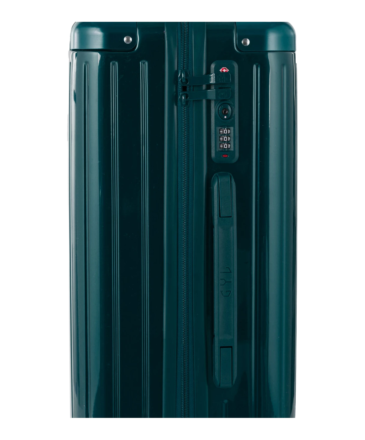 Valise Intemporelle en polycarbonate set de 3 valises cabine semaine et soute coloris vert sapin gros plan serrure TSA a code integree