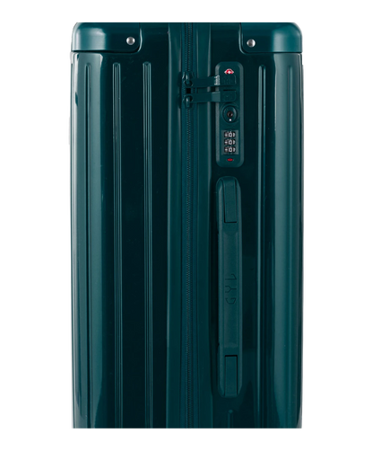 Valise Intemporelle en polycarbonate set de 3 valises cabine semaine et soute coloris vert sapin gros plan serrure TSA a code integree