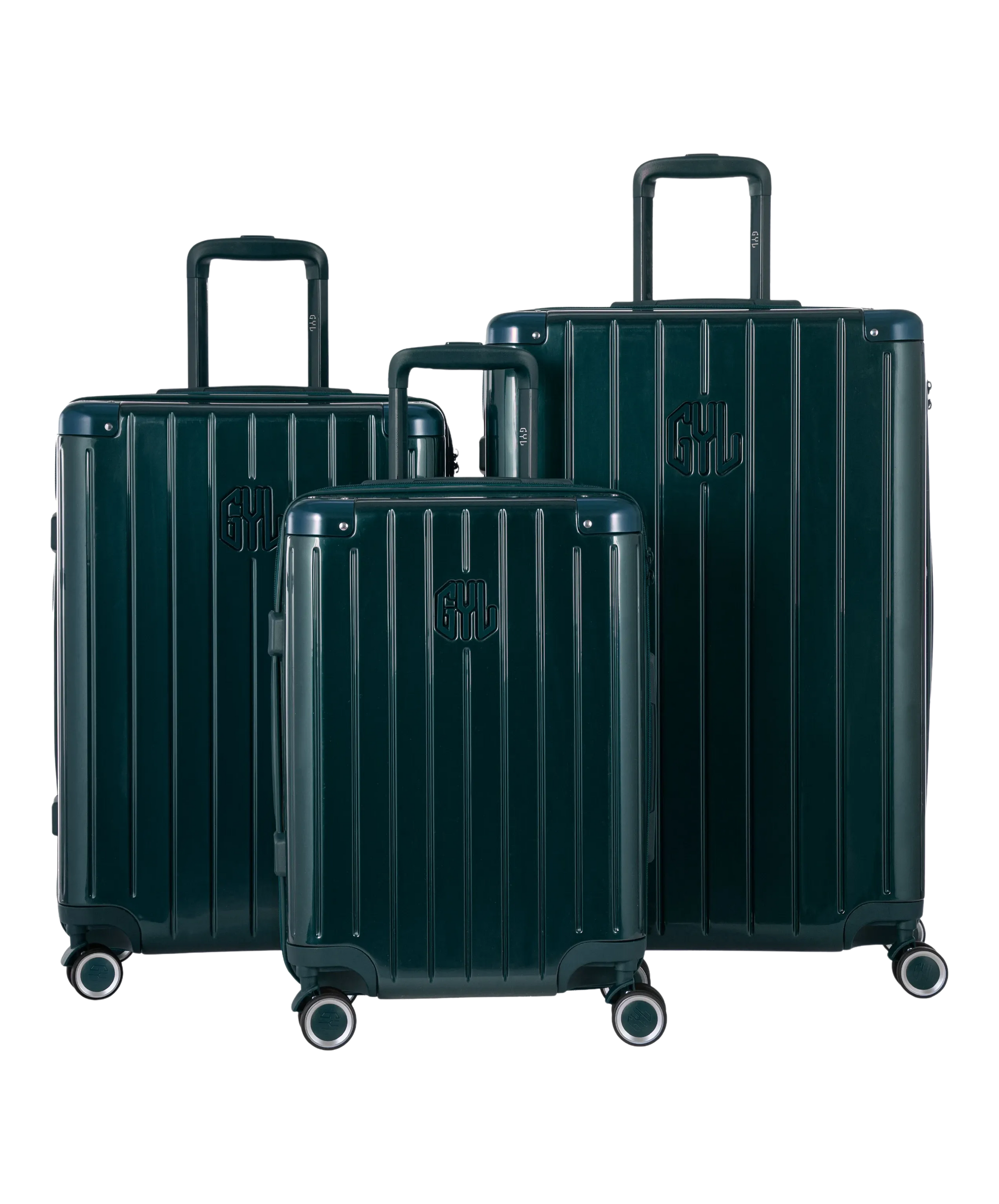 Valise Intemporelle en polycarbonate set de 3 valises cabine semaine et soute coloris vert sapin vue de face du set complet