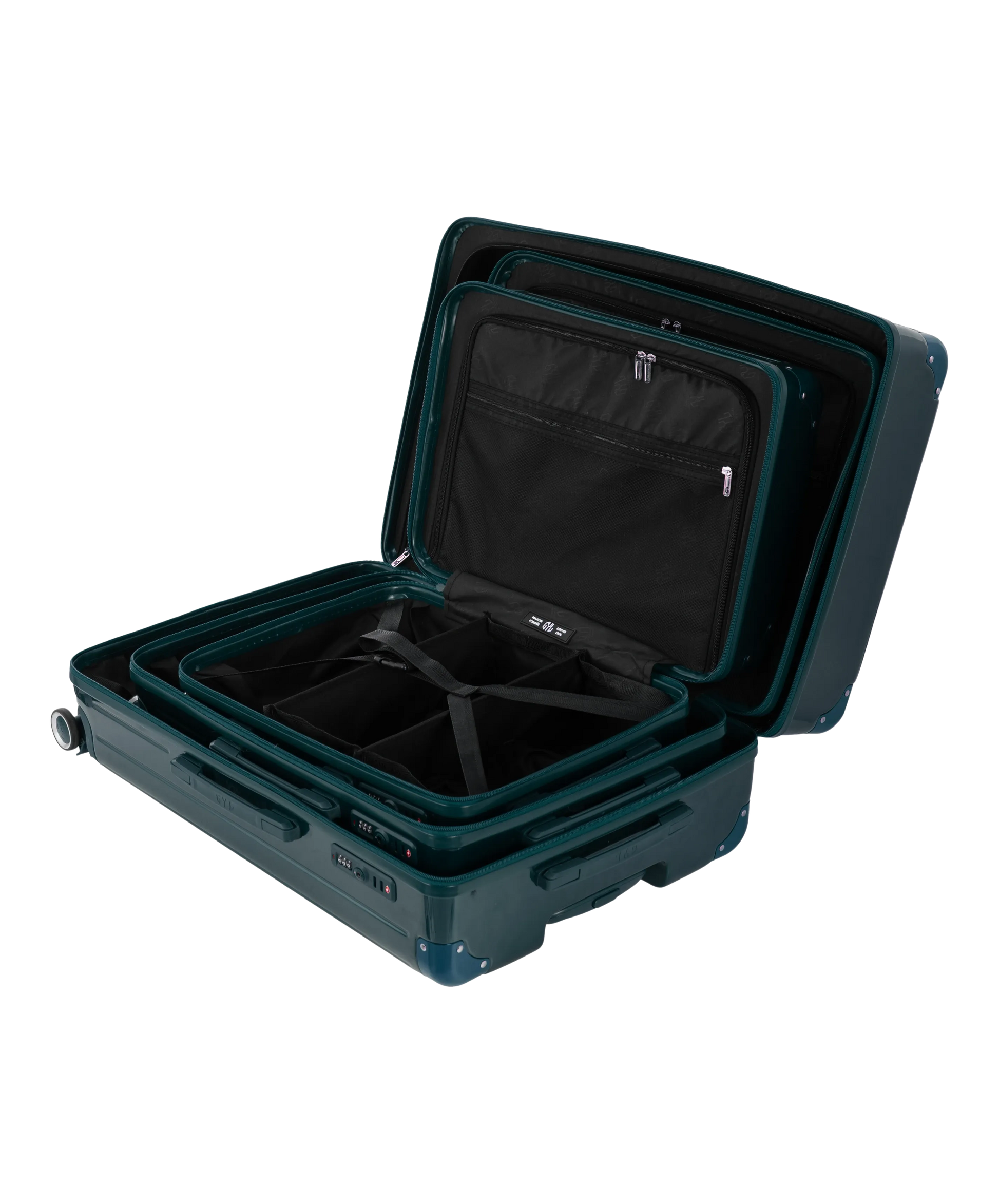 Valise Intemporelle en polycarbonate set de 3 valises cabine semaine et soute coloris vert sapin vue de profil du set complet