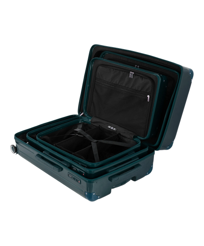 Valise Intemporelle en polycarbonate set de 3 valises cabine semaine et soute coloris vert sapin vue de profil du set complet