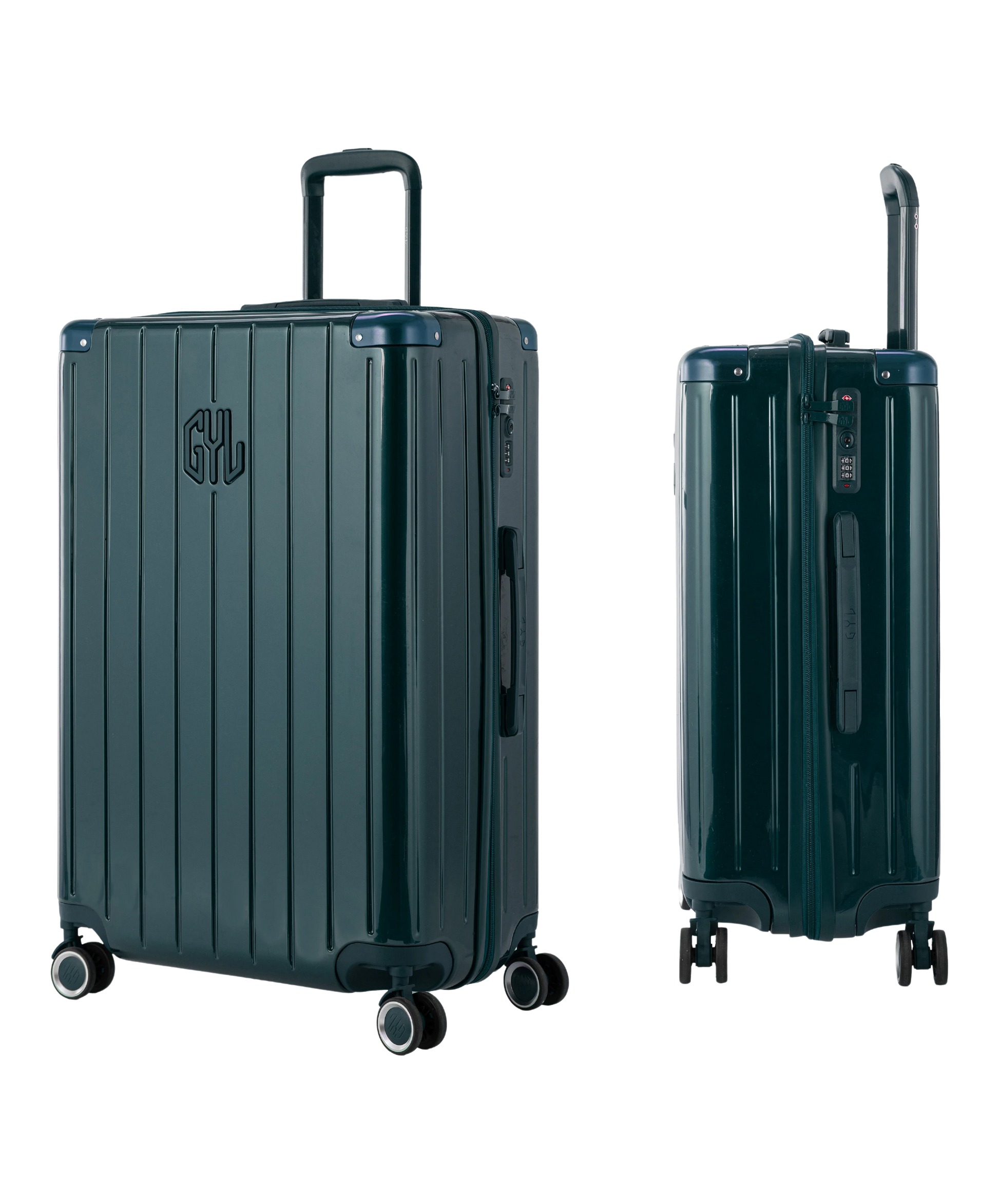 Valise Intemporelle en polycarbonate set de 3 valises cabine semaine et soute coloris vert sapin vue trois quarts du set complet
