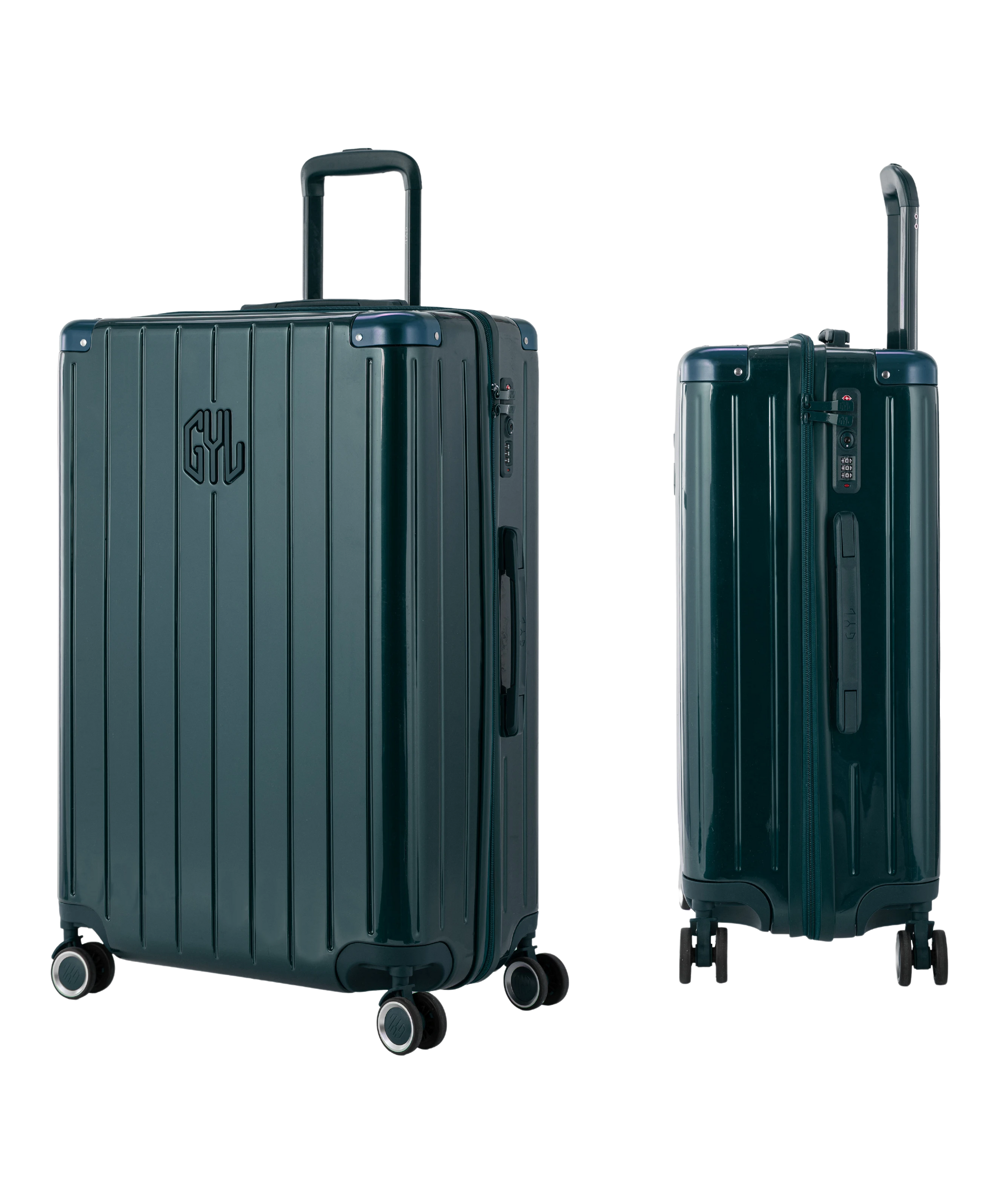 Valise Intemporelle en polycarbonate set de 3 valises cabine semaine et soute coloris vert sapin vue trois quarts du set complet