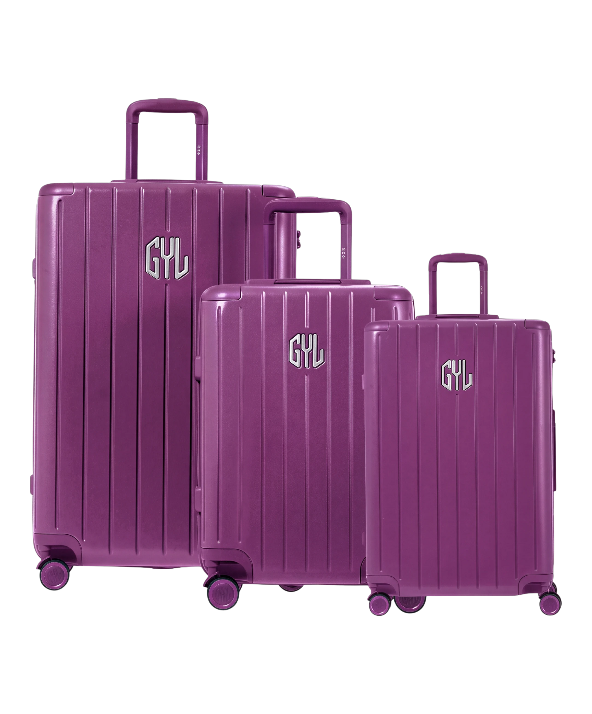 Trio de valises rigides GYL Intemporelle violet avec coques nervurées et poignées télescopiques. #couleur_violet