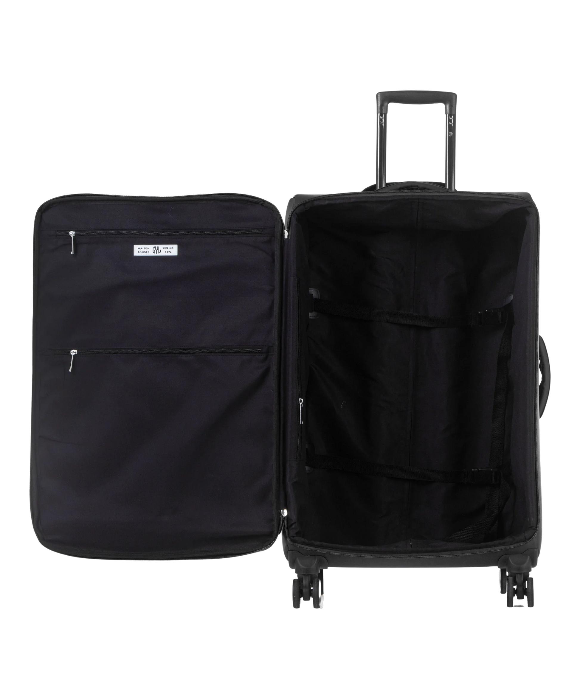 Valise Evasion GYL souple soute 75 cm coloris noir interieur ouvert avec compartiments