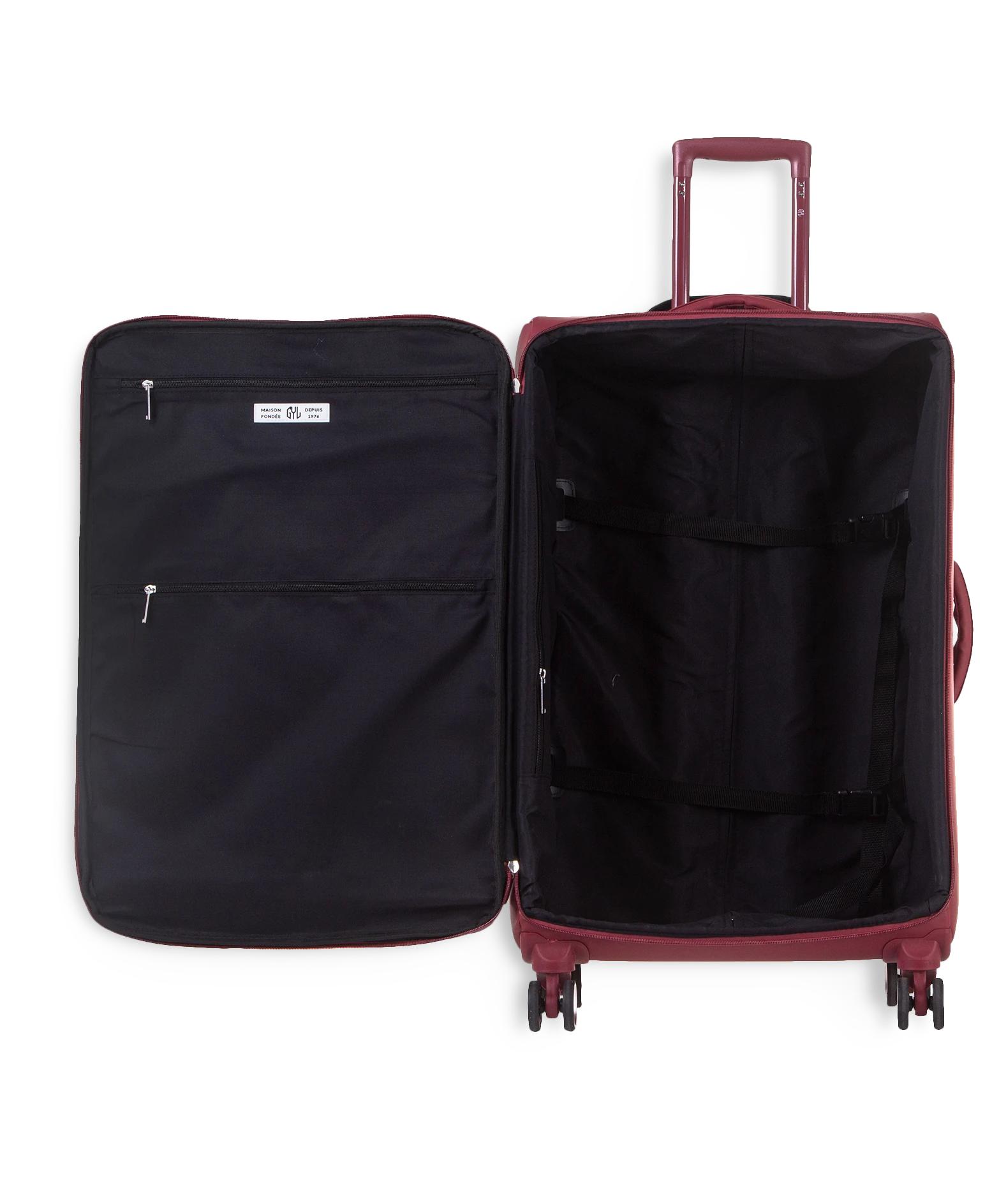 Valise souple Évasion en polyuréthane imperméable soute 75 cm coloris rouge foncé intérieur ouvert avec compartiments zippés