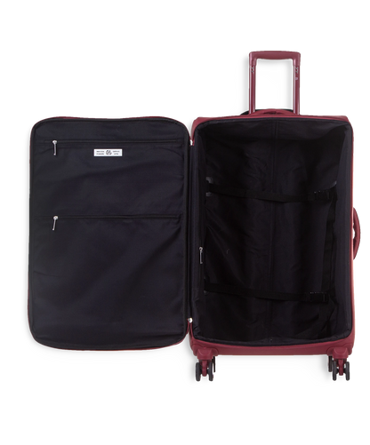 Valise souple Évasion en polyuréthane imperméable soute 75 cm coloris rouge foncé intérieur ouvert avec compartiments zippés