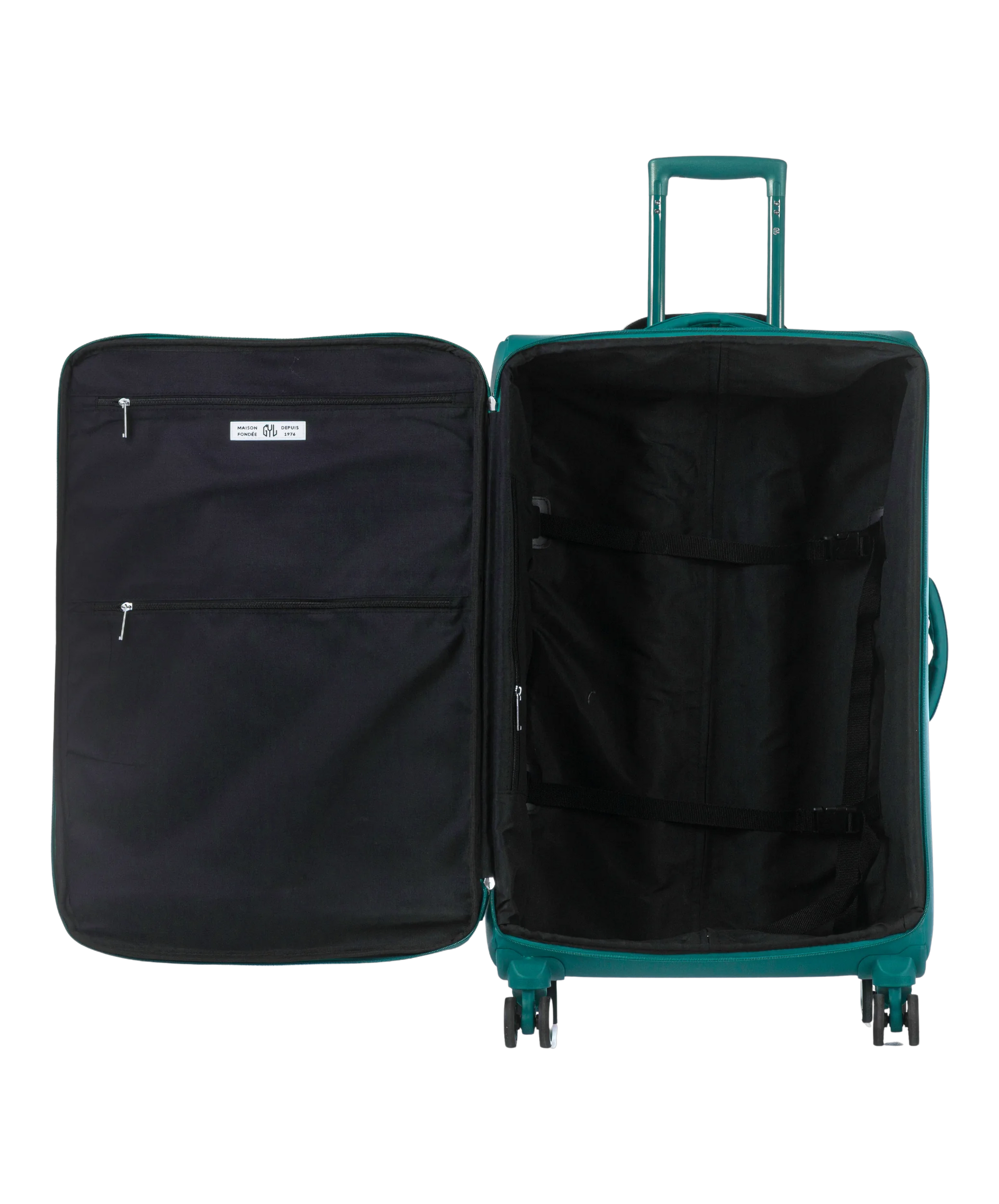 Valise Evasion GYL souple soute 75 cm coloris sapin interieur ouvert avec compartiments