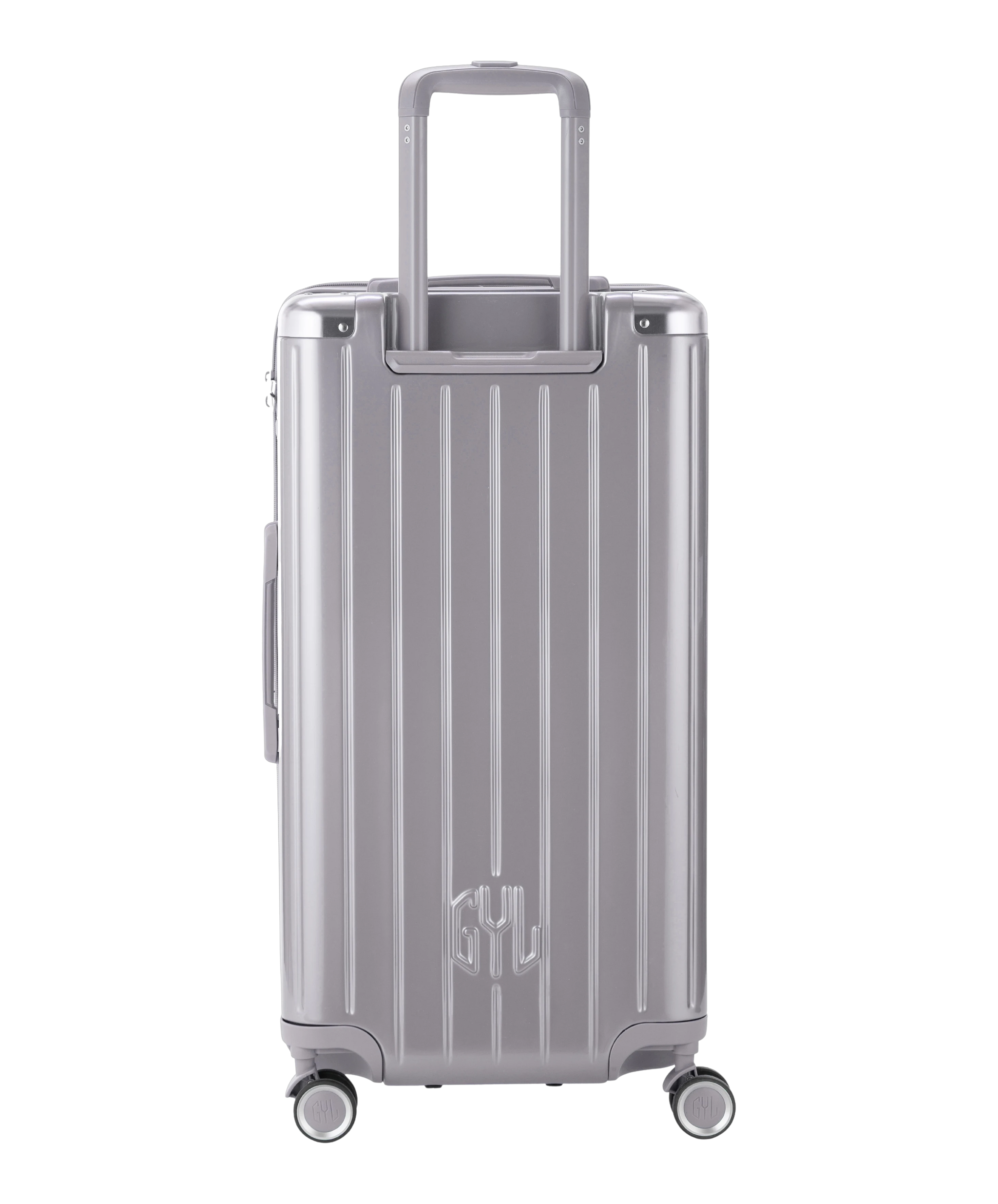 Valise Trunk L Intemporelle GYL en polycarbonate 71 cm coloris argent vue de dos avec trolley telescopique deploye