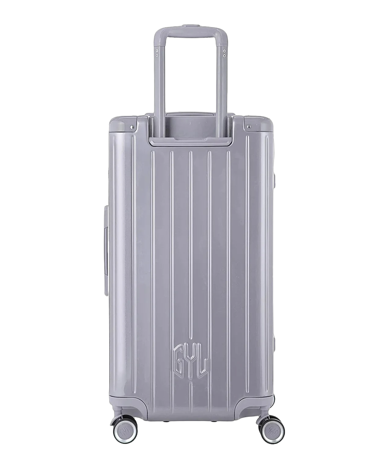 Dos de la valise trunk GYL L argent avec trolley telescopique deploye