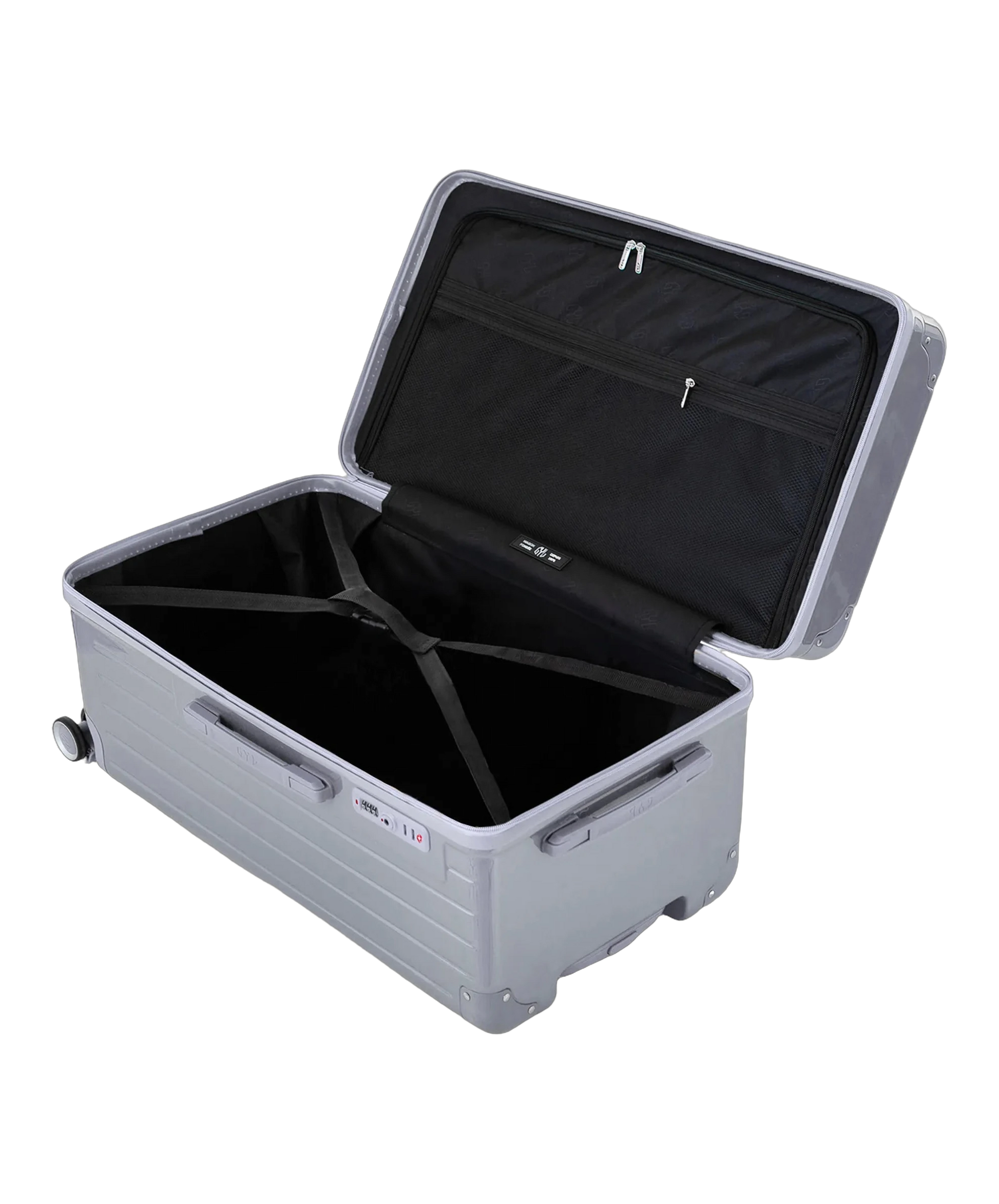 Interieur de la valise trunk GYL L argent ouvert avec compartiments et sangles