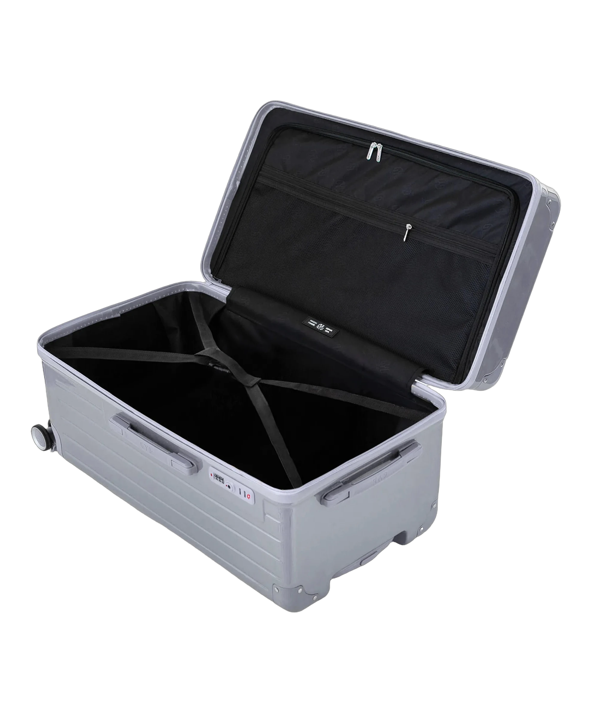 Interieur de la valise trunk GYL L argent ouvert avec compartiments et sangles
