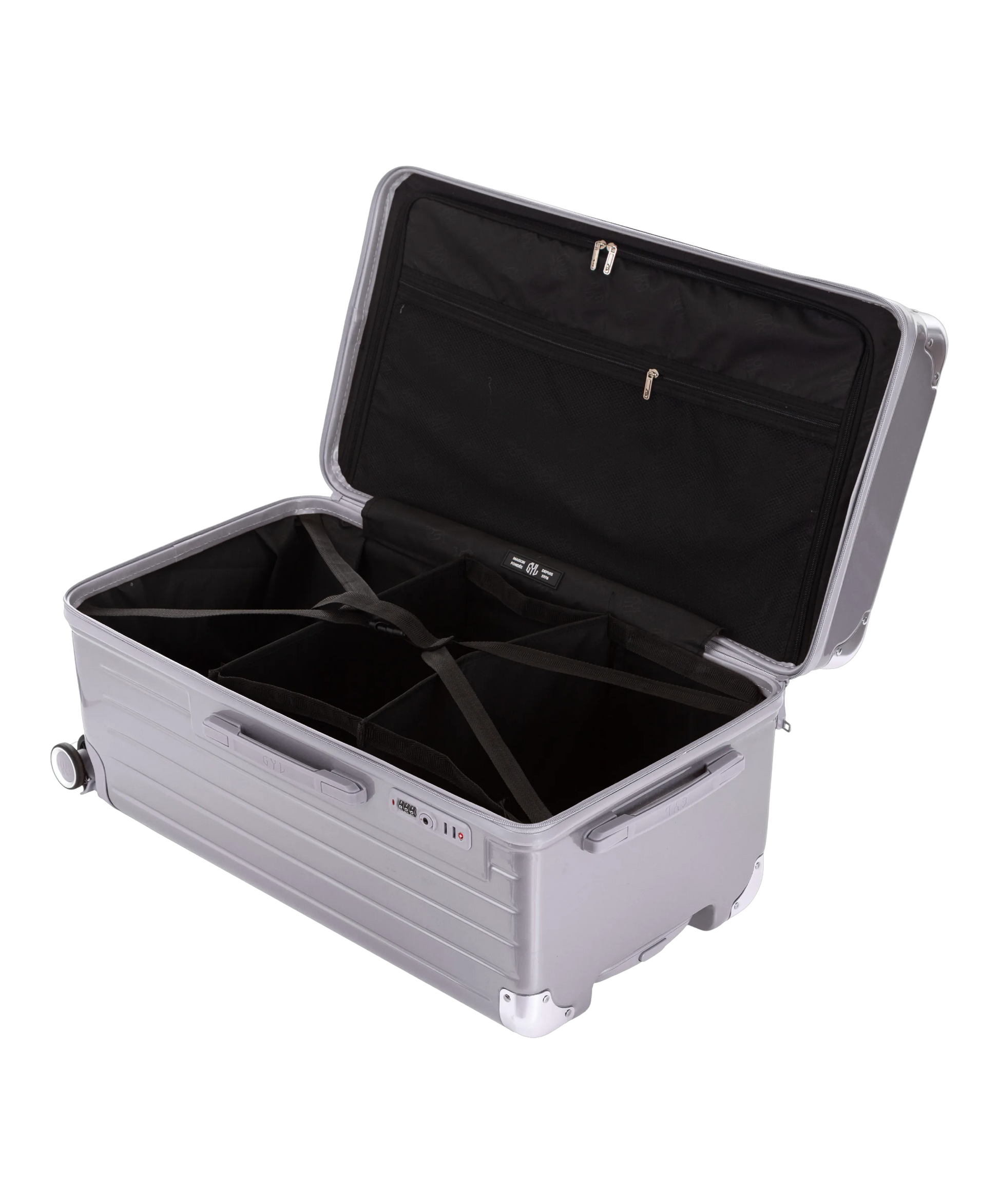 Valise Trunk L Intemporelle GYL en polycarbonate 71 cm coloris argent interieur ouvert a plat vu de dessus avec separateurs