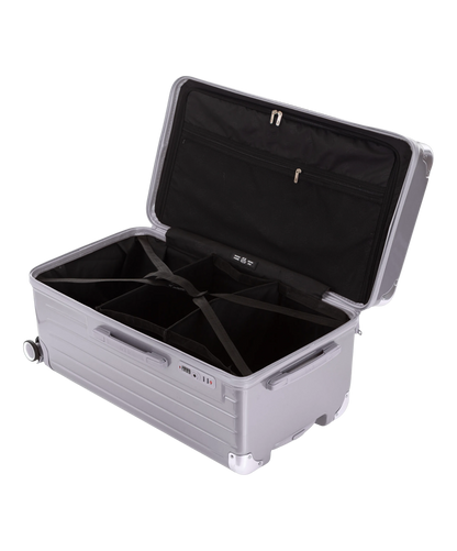 Valise Trunk L Intemporelle GYL en polycarbonate 71 cm coloris argent interieur ouvert a plat vu de dessus avec separateurs