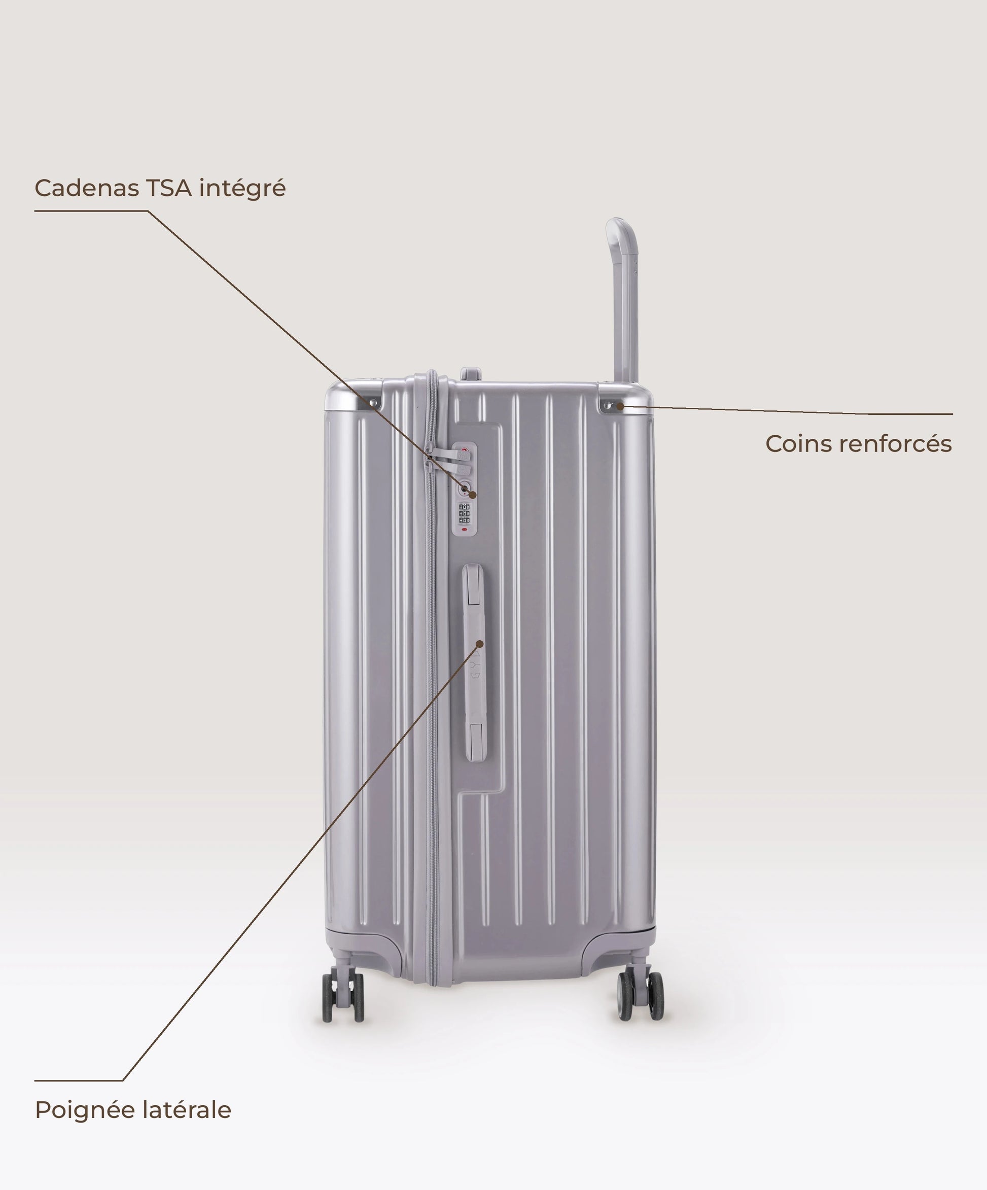 Valise Trunk L Intemporelle GYL en polycarbonate 71 cm coloris argent, vue de profil, cadenas TSA integre, poignee laterale et coins renforces