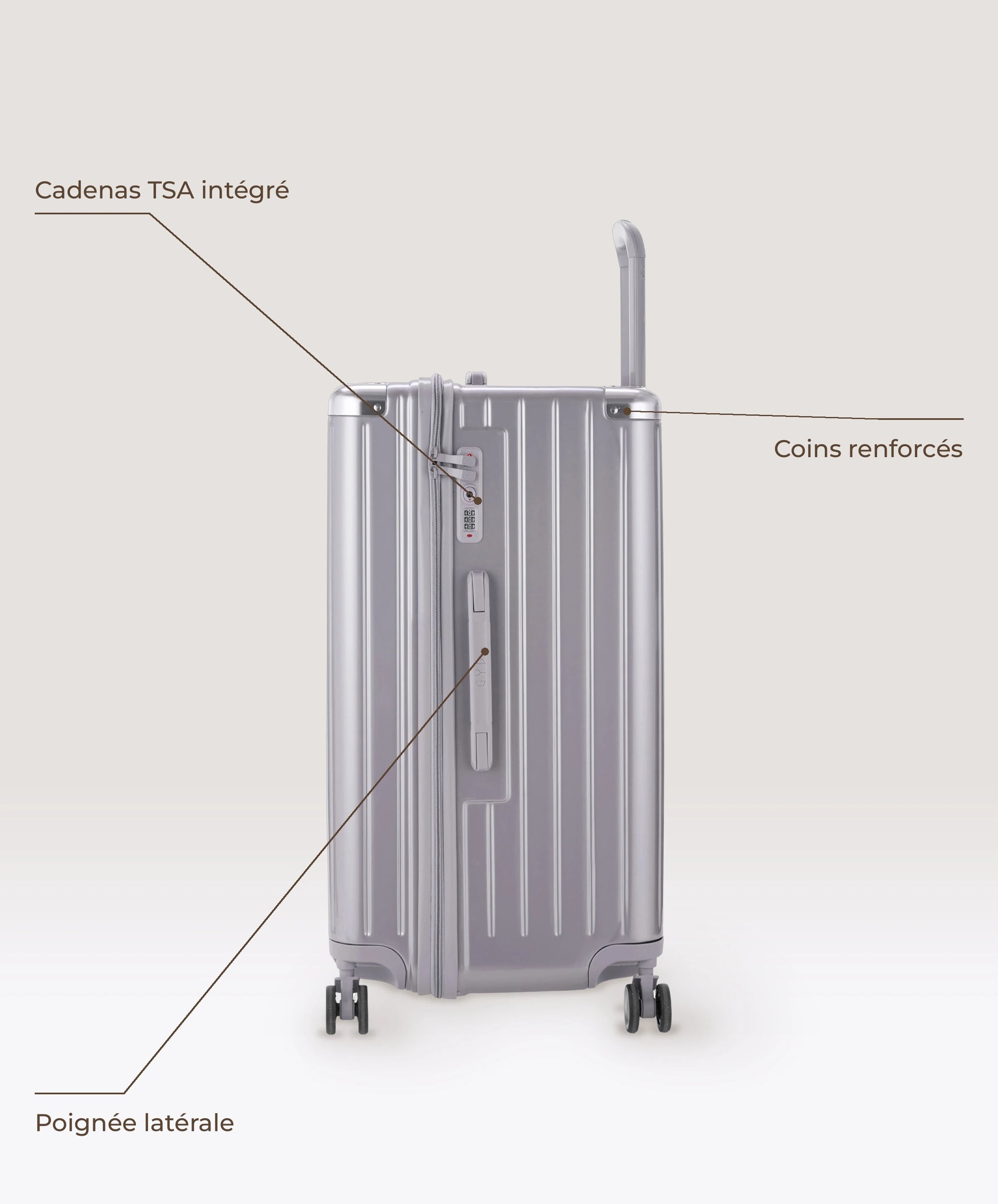 Valise Trunk L Intemporelle GYL en polycarbonate 71 cm coloris argent, vue de profil, cadenas TSA integre, poignee laterale et coins renforces