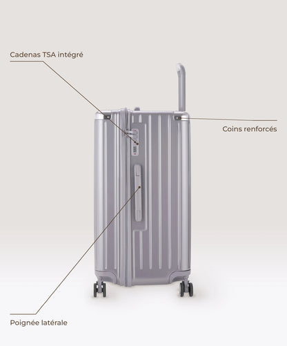 Valise Trunk L Intemporelle GYL en polycarbonate 71 cm coloris argent, vue de profil, cadenas TSA integre, poignee laterale et coins renforces