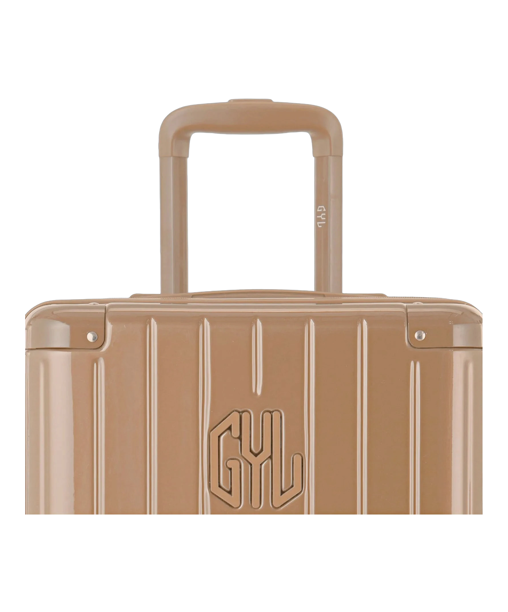 Zoom sur la poignee trolley et le logo GYL de la valise trunk L champagne