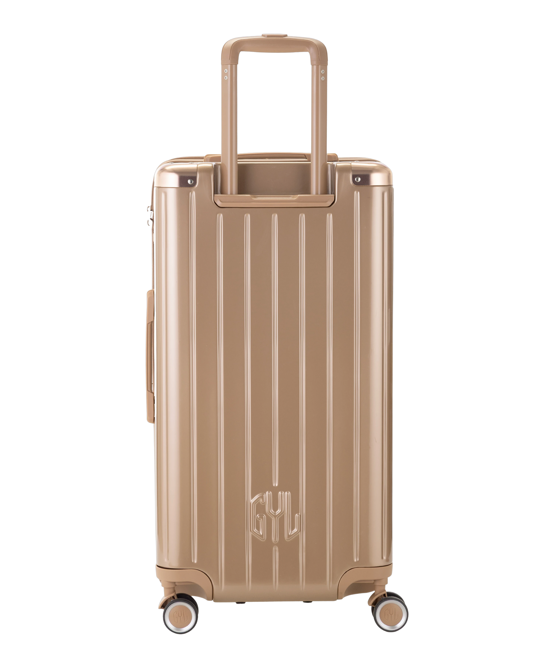 Valise Trunk L Intemporelle GYL en polycarbonate 71 cm coloris champagne vue de dos avec trolley telescopique deploye