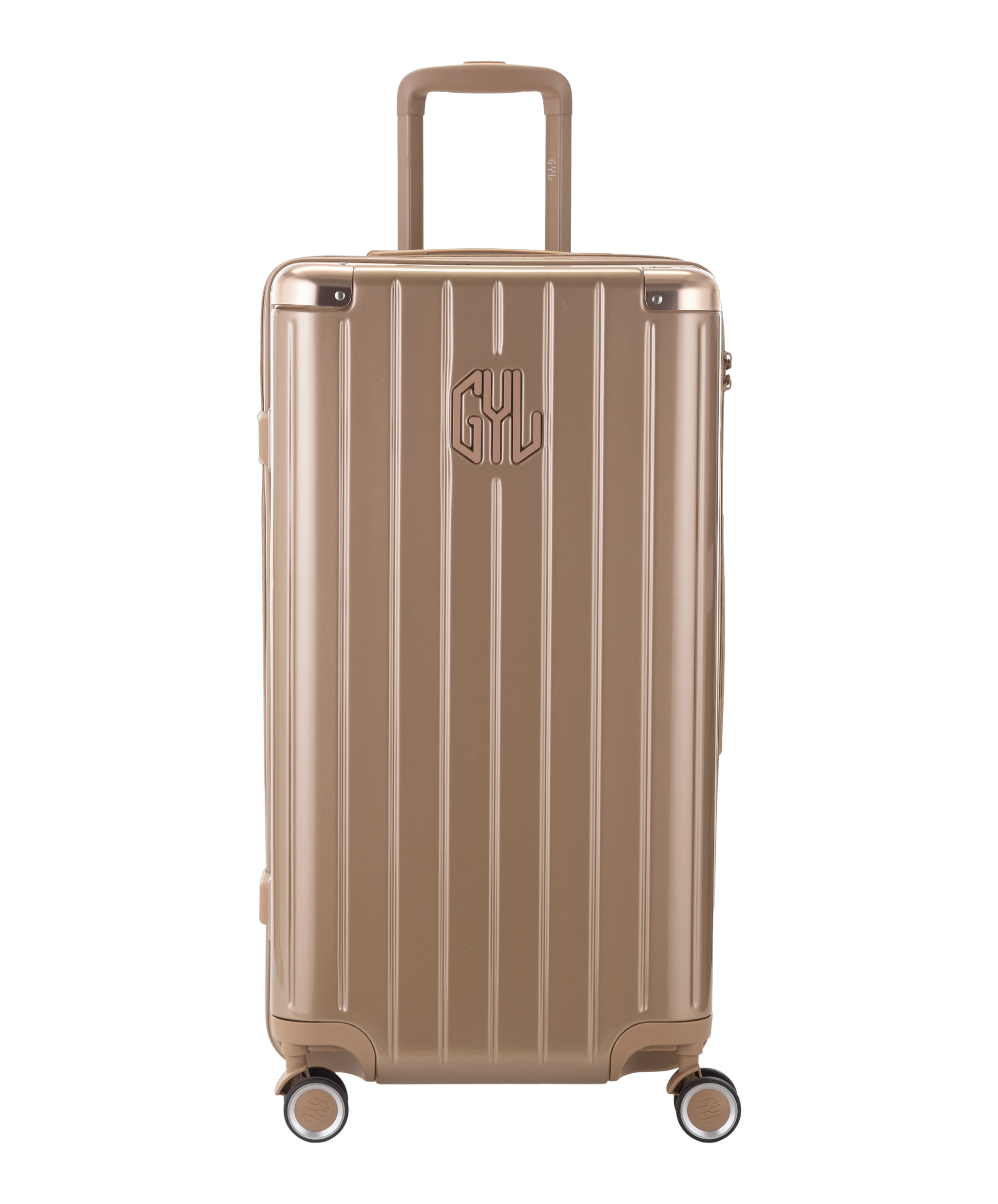 Valise Trunk L Intemporelle GYL en polycarbonate 71 cm coloris champagne vue de face avec logo GYL en relief