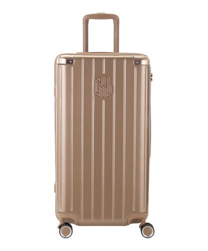 Valise Trunk L Intemporelle GYL en polycarbonate 71 cm coloris champagne vue de face avec logo GYL en relief