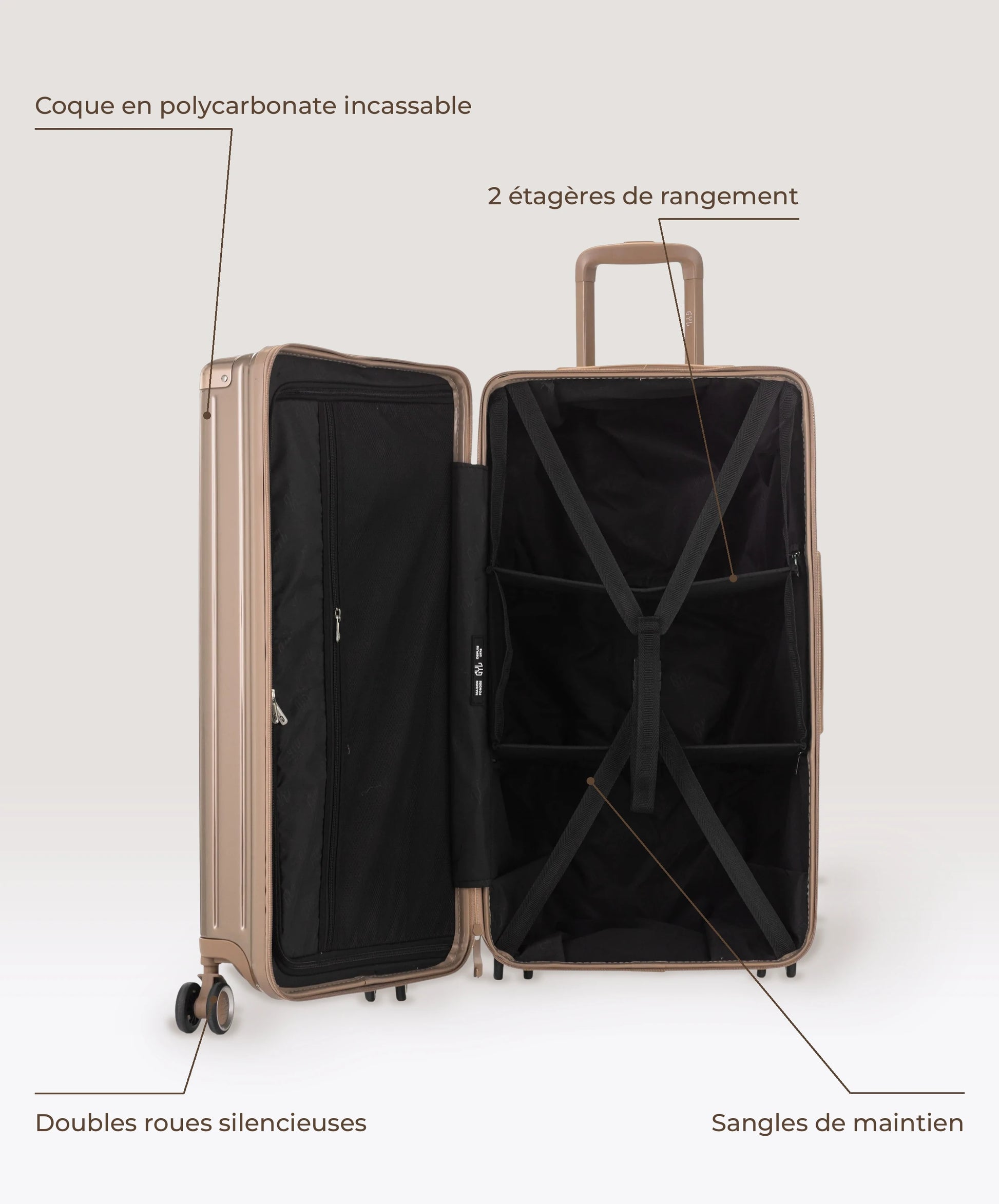 Valise Trunk L Intemporelle GYL en polycarbonate 71 cm coloris champagne, interieur ouvert, 2 etageres de rangement, sangles de maintien, coque en polycarbonate et doubles roues